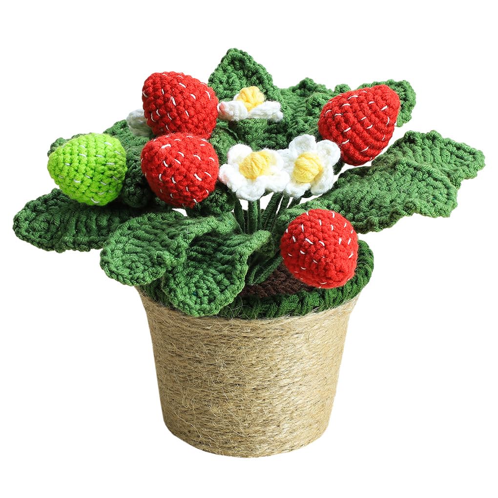 WAIT FLY Handmade Crochet Flowers with Vase, Lovely Knitting Flower Potted Plant for Home Office Desk Shelf Decoration-Strawberry-B-1 PCS