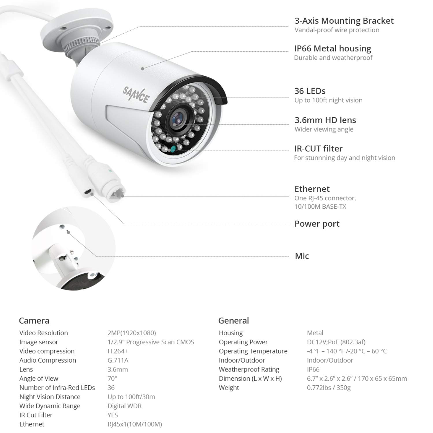 Buy SANNCE 2MP PoE Securtiy Camera, Addon Bullet IP Cameras Video Audio Recording, 100ft Night