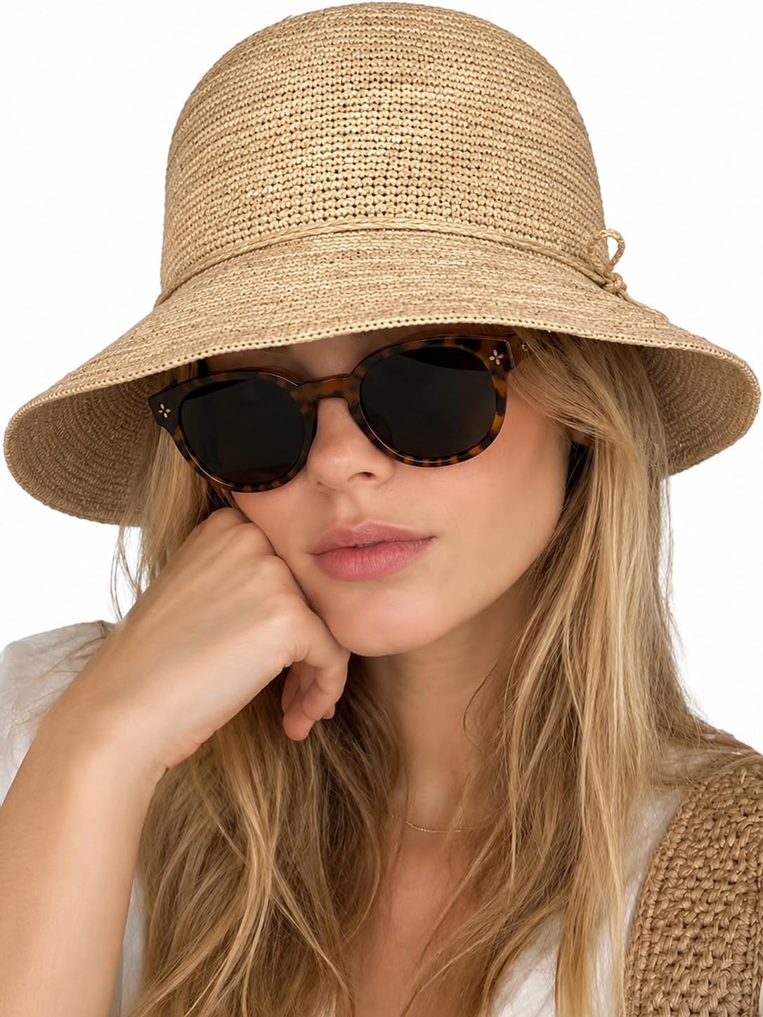 Natural Raffia Straw Bucket Hat for Women Sun Beach Handmade Raffia Woven Bucket Hat Foldable Summer Cap