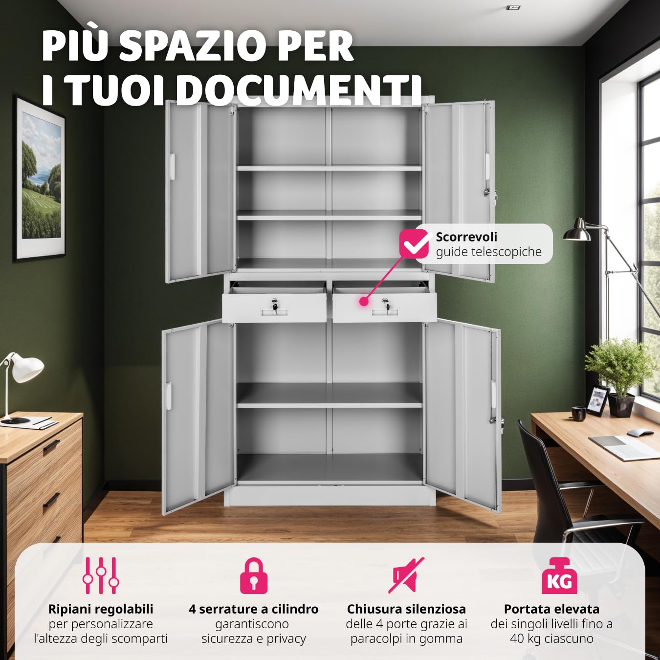 tectake® Armadio Portadocumenti 180x80x40cm, 5 Scomparti e 2 Cassetti, Armadio con Ripiani Regolabili, Ante a Battenti Rinforzate, Chiusura con Serratura a Cilindro - Grigio Chiaro