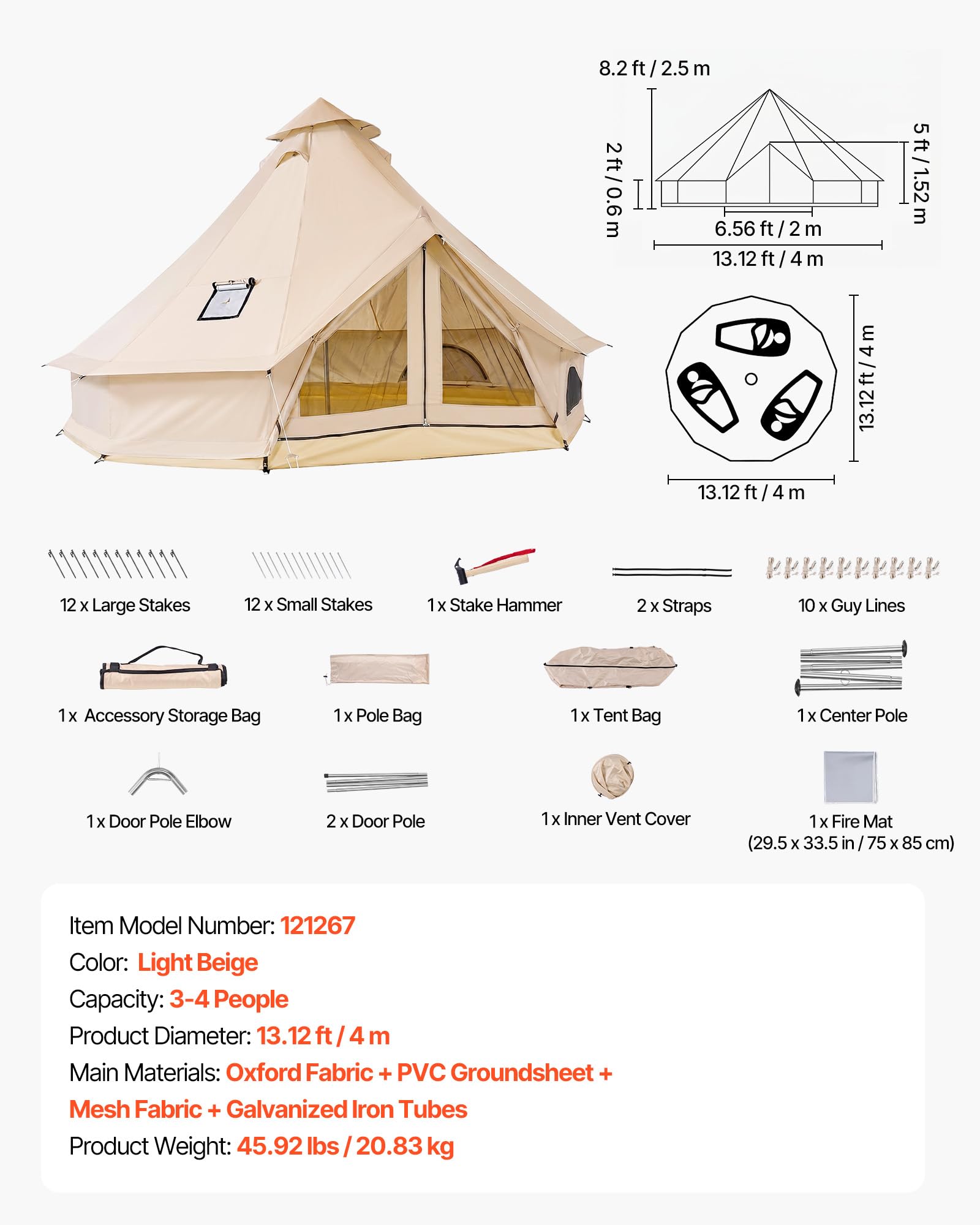 VEVOR Tenda a Campana Oxford da Campeggio, Tenda a Yurta per 4 Stagioni da 4 m, con Presa per Stufa, Impermeabile e Traspirante, Max 4 Persone, con Pavimento Staccabile e Cerniera, per Feste Eventi