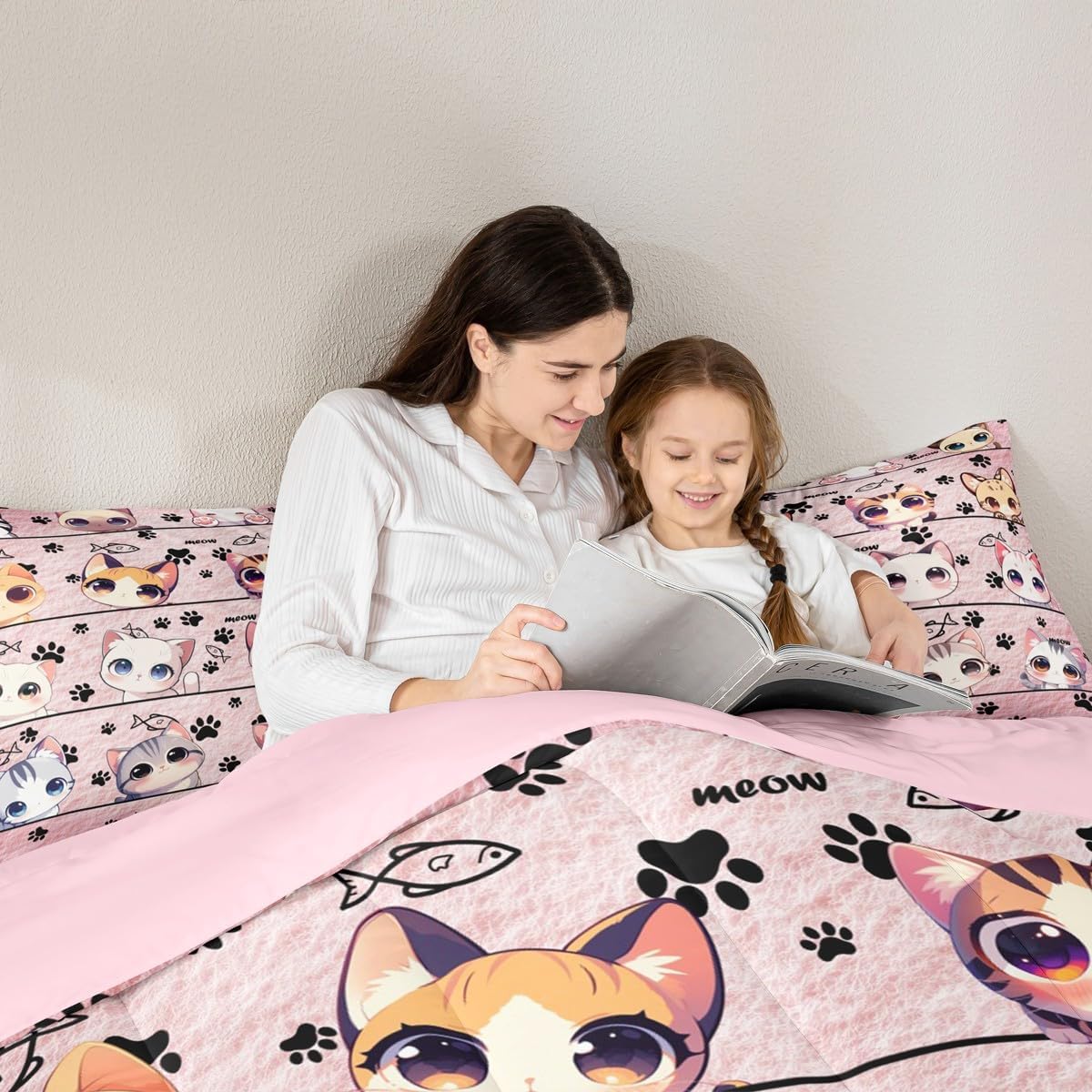 Castle Fairy Cute Cat Comforter Set Toddler Size,Cartoon Animas Light Pink Bedding Set for Kids Teens Bedroom,Cat Kitten Kitty Pet Lover Down Comforter,2 Pcs 1 Pillowcase