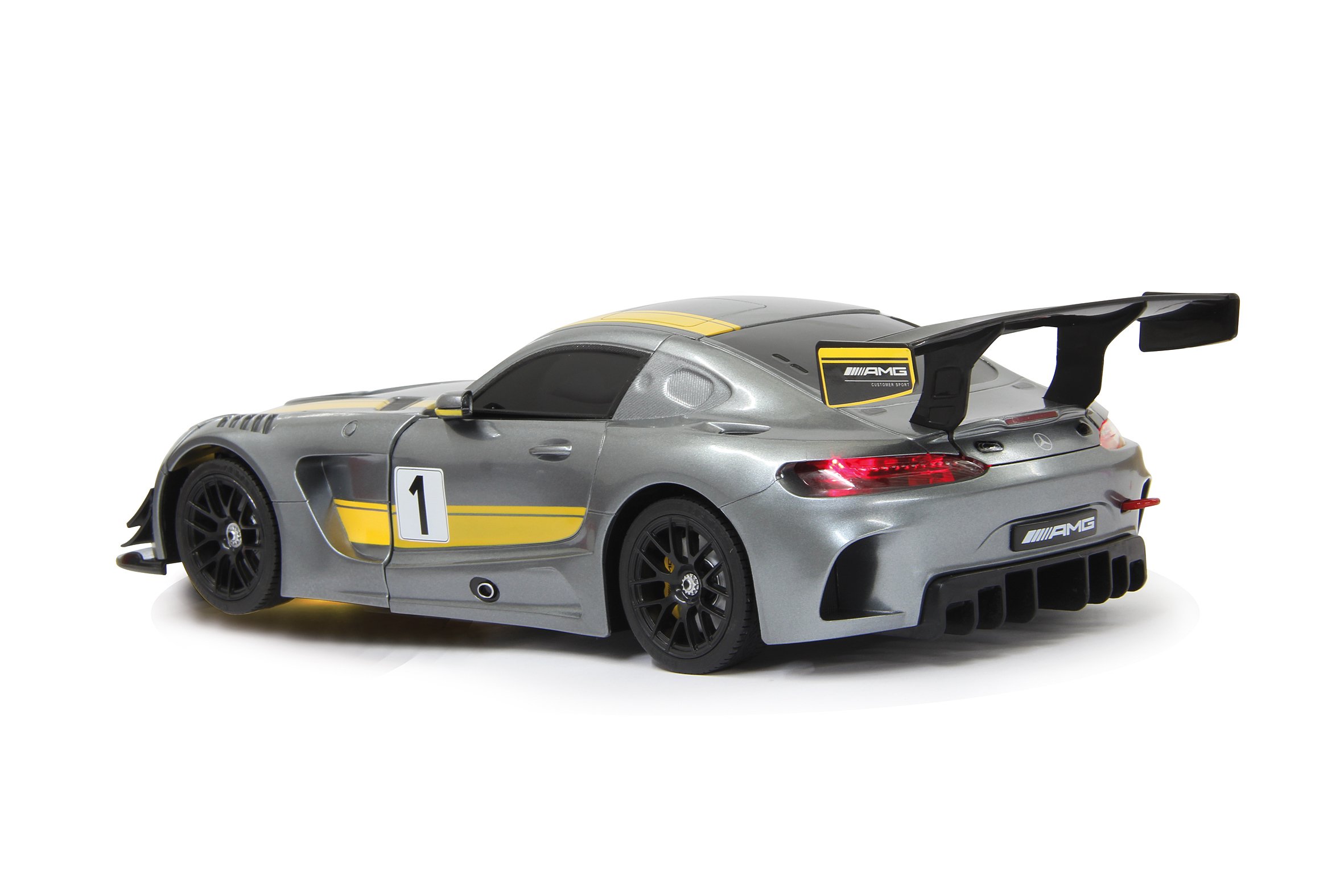 JAMARA 410028 – Mercedes AMG GT3 1:14 transformacja 2,4 GHz szara – RC transformacja w robota po naciśnięciu przycisku, tryb tańca, głośnik, zawieszenie na pojedynczym kole, do 1 godziny jazdy