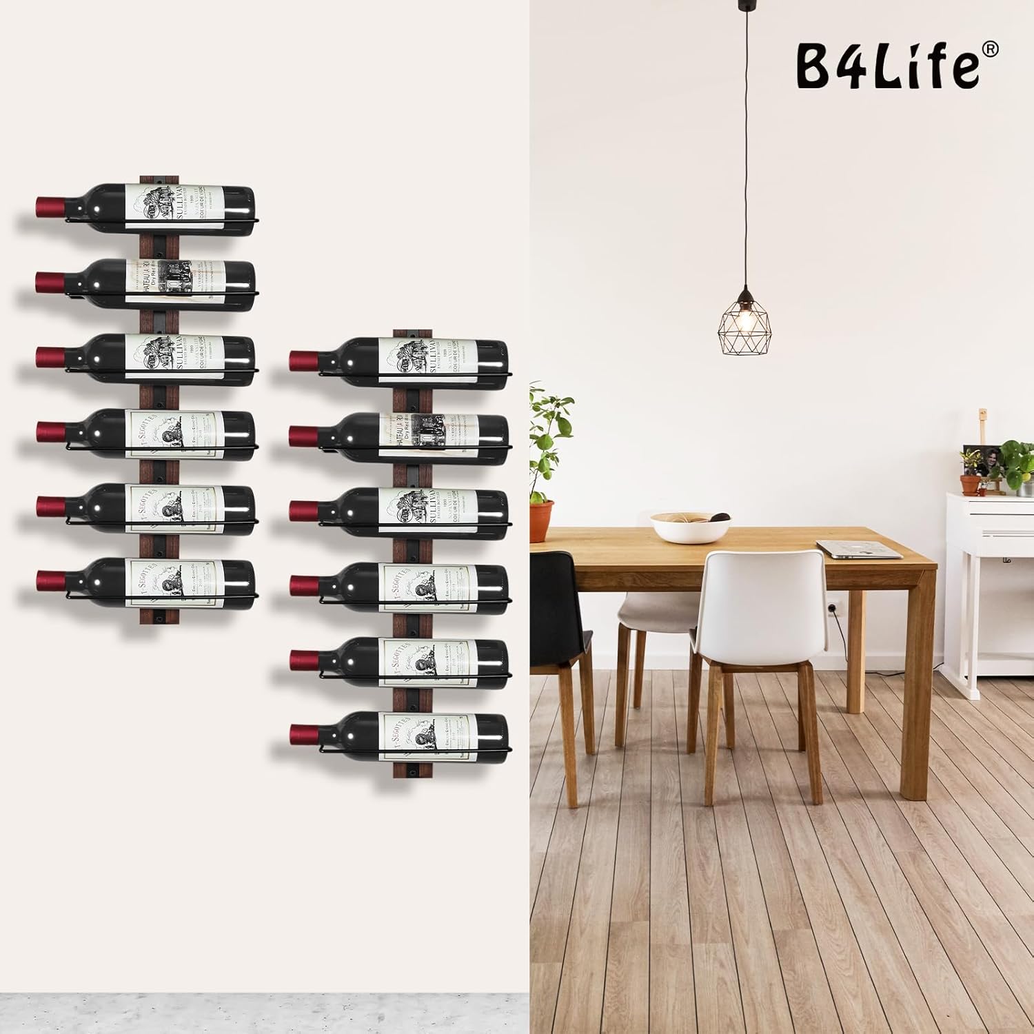 B4Life Wine Rack Wall Mounted Wall Wine Rack for 12 Wine Bottles, Wall Mounted Wine Rack with Stemware Hanger Wall Mount Wine Glass Holder