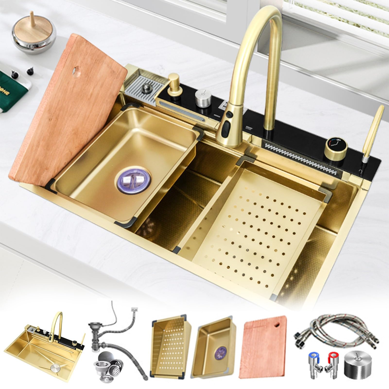 Integrated Sink Workstation Kitchen Sink, Single Basin, Waterfall Household Sink with Pull Out Faucet, Drain Basket, Two Waterfalls (Color : Gold, S: 68cm)