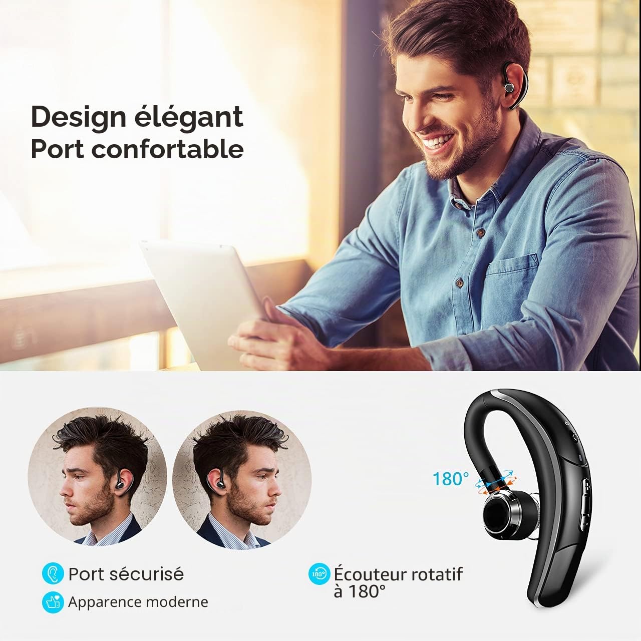 Oreillette Bluetooth 4.1 sans Fil en Voiture Kit d'oreillette Bluetooth avec Microphone Réduction du Bruit d'appel CVC 6.0, 280H d'Autonomie Casque d'écoute sans Fil, pour Bureau/Conduite (Sliver)
