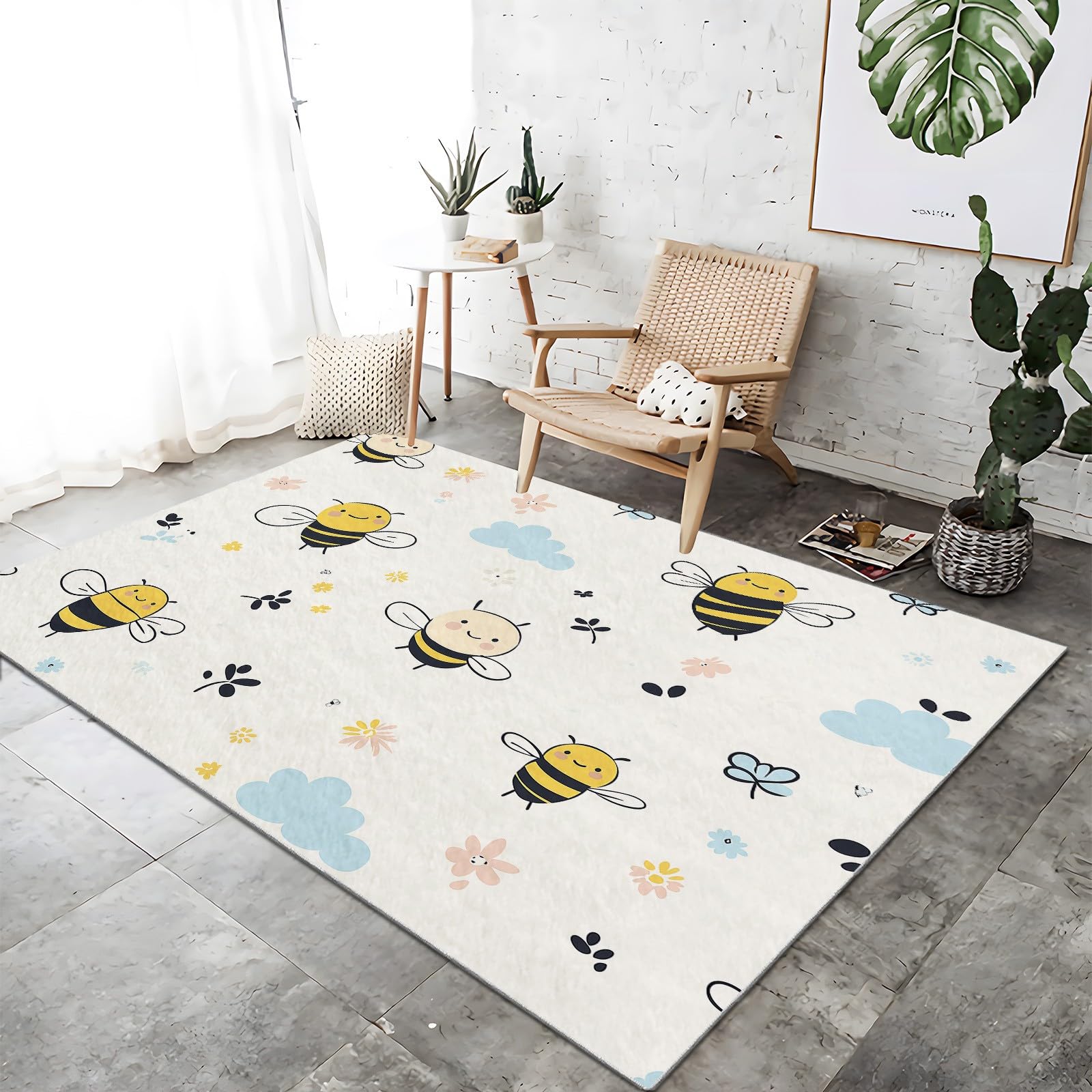 Superweicher Teppich Kinderzimmer 80x150cm Cartoon-Bienenwolke Antirutsch Rechteck Beige Wohnzimmer Schlafzimmer Balkon Bodenmatte