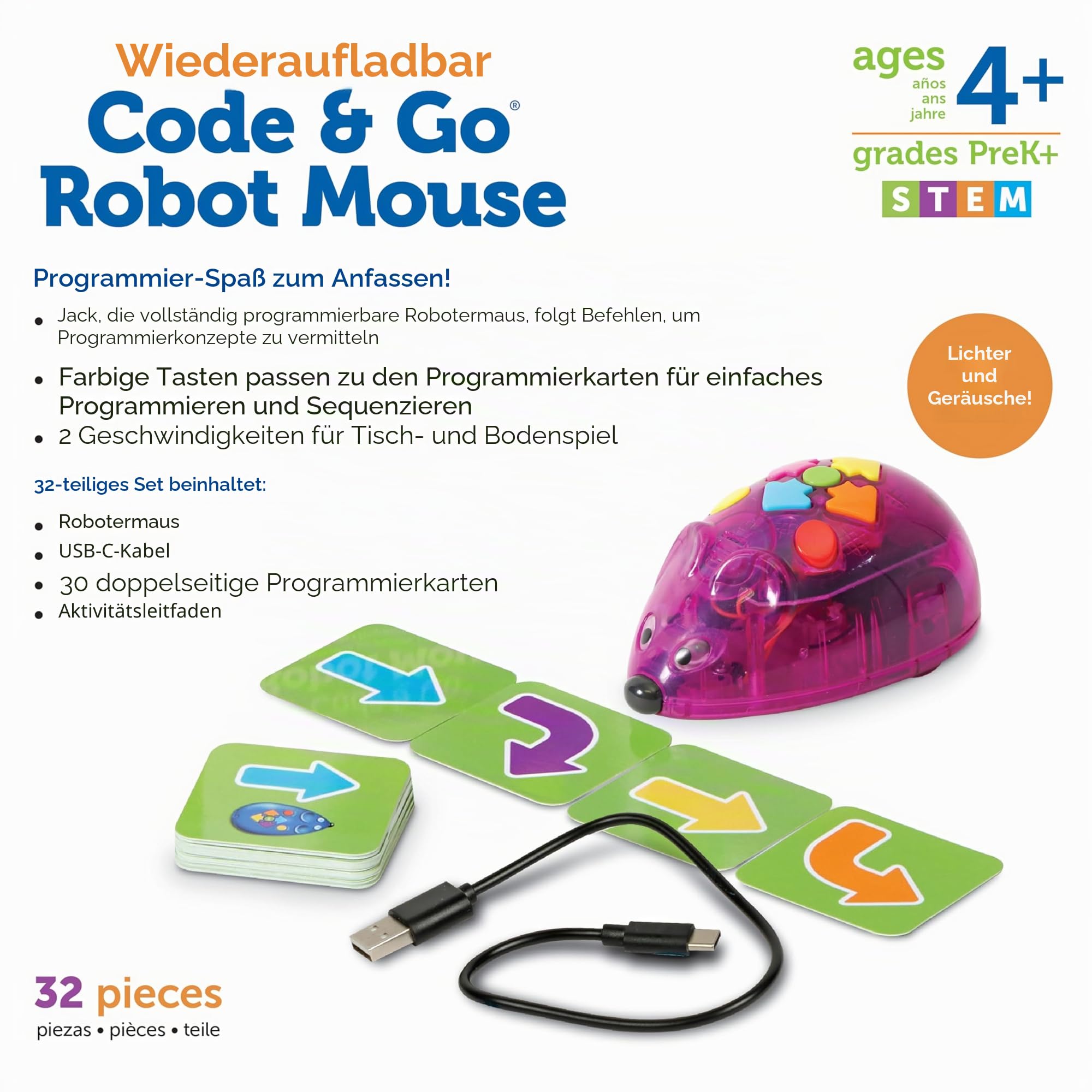 Learning Resources Code & Go Roboter-Maus, wiederaufladbar, Spielzeug für 4-jährige Jungen und Mädchen, bildschirmfreier interaktiver programmierbarer Roboter