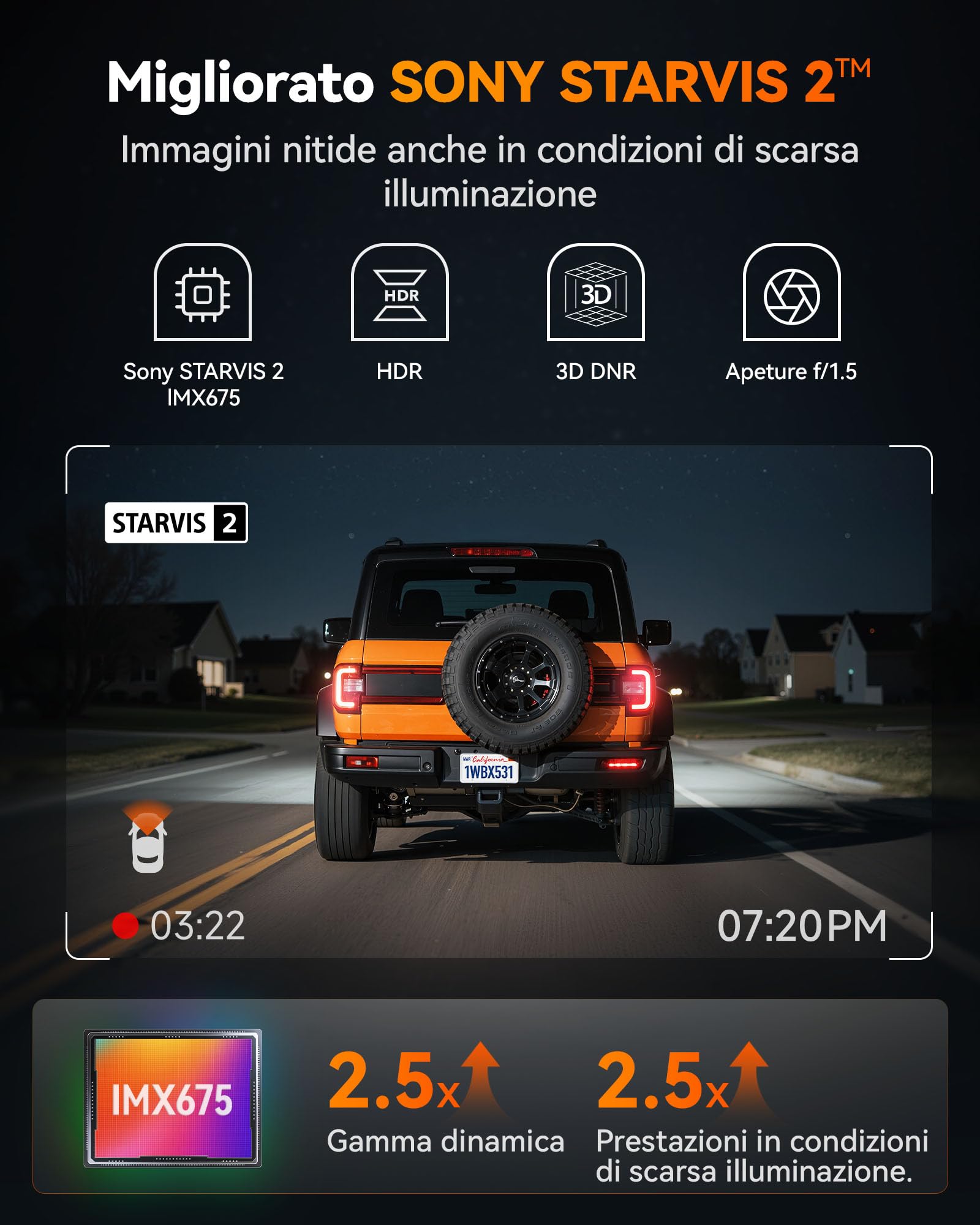 WOLFBOX 2,5K & 60FPS Dashcam Auto, STARVIS 2, Scheda 64GB, WiFi 5,8 GHz | IMX675 con ADAS, 2,5 K + 1080P 5MP Dual Dashcam Auto Anteriore Posteriore, GPS, Touchscreen, Supporta Fino a 512 GB (X3)