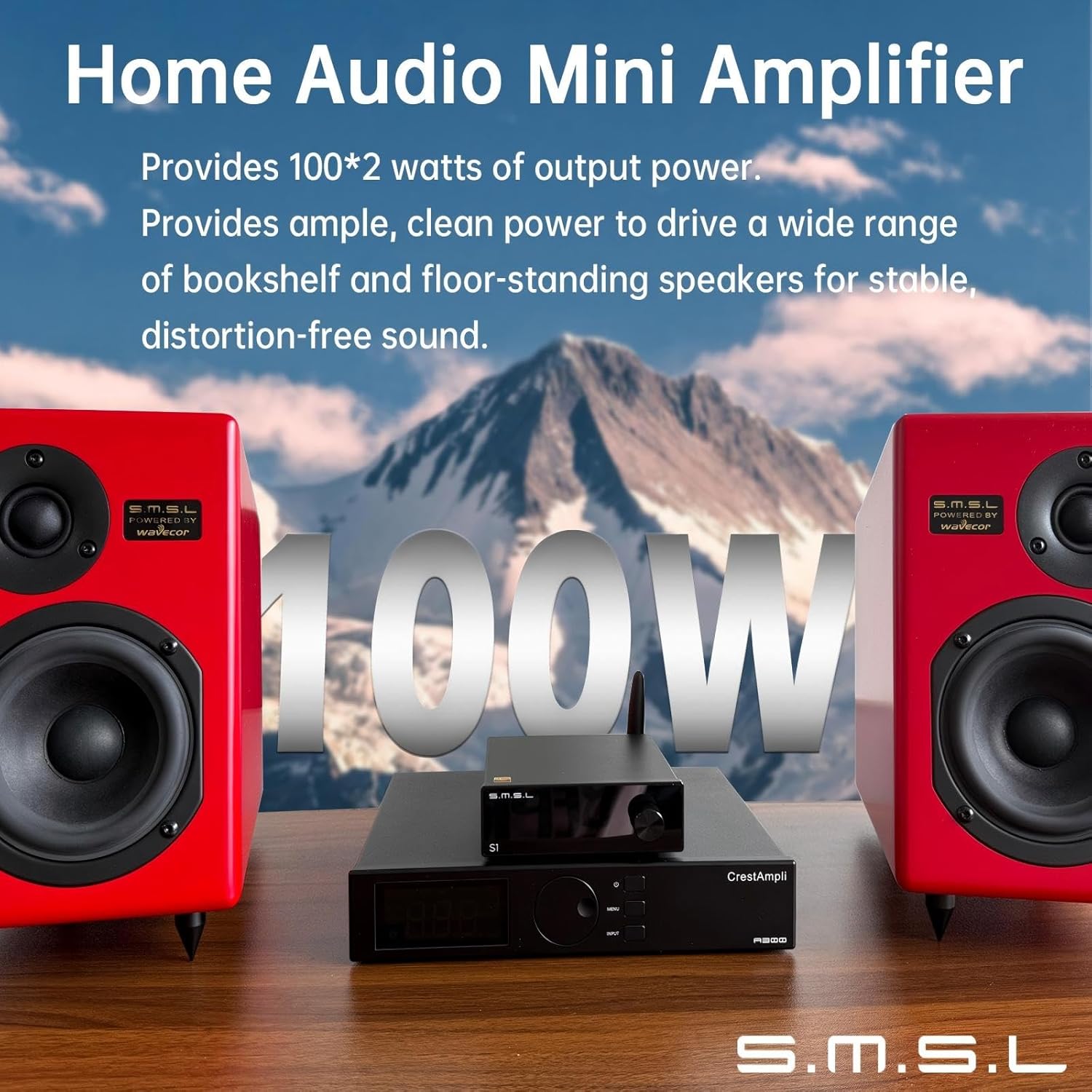 SMSL S1 100W×2 Mini Class D Amplifier Bluetooth 5.0 Stereo Amplifier 2 Channel Home Audio Amp Bass Treble EQ Control for Bookshelf/Desktop/Outdoor/Garage/Passive Speaker with Remote Control