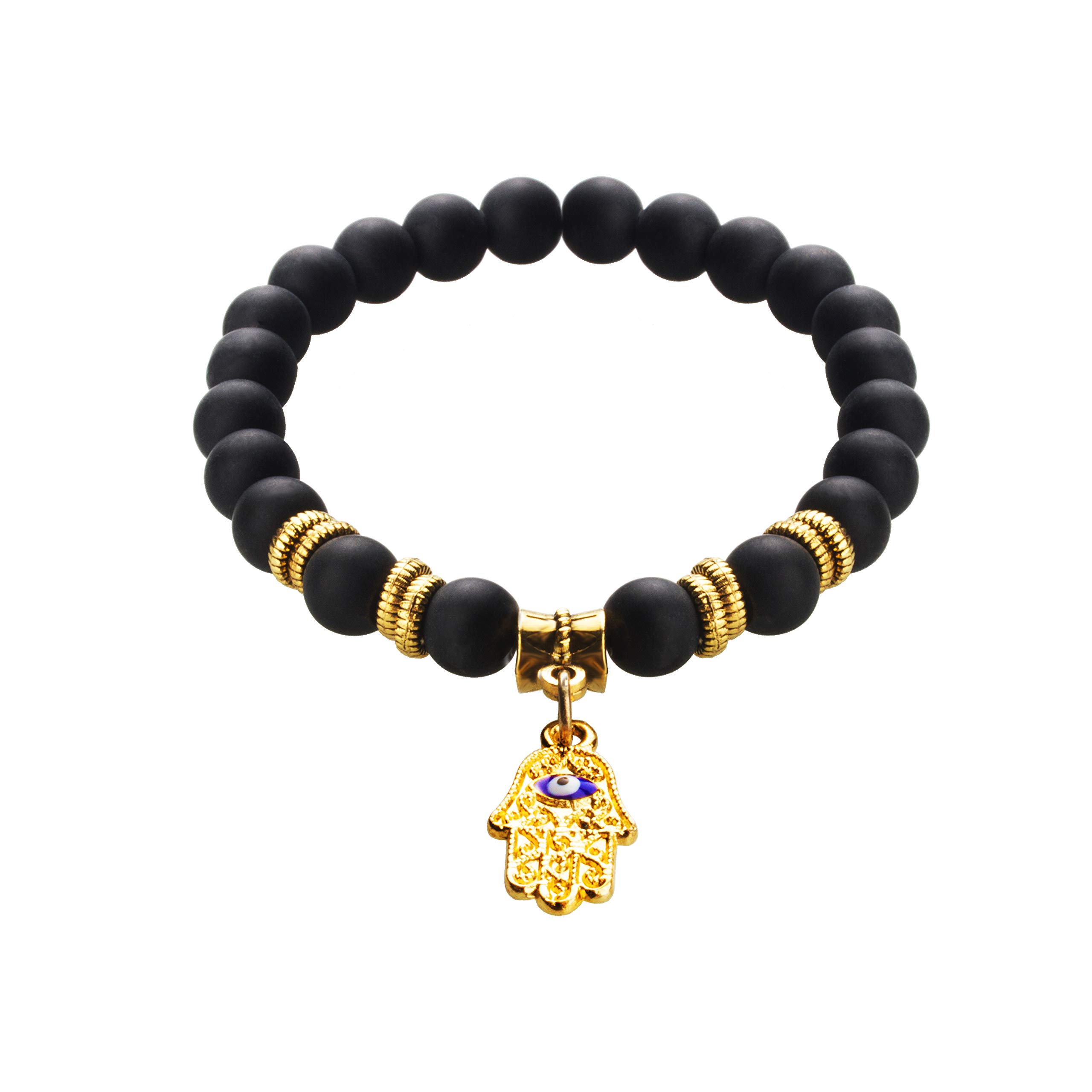 MOONDUST Black and Gold Lava Stone Natural Beads Unisex Bracelet with Evil Eye and Hamsa Charm, M (MD_3117) (B07K4BJQZX) Amazon Price History, Amazon Price Tracker