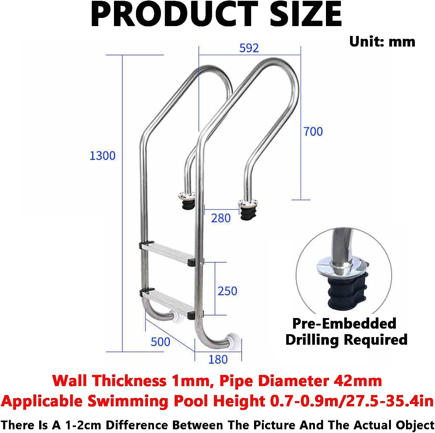 Swimming Pool Ladder,304 Stainless Steel Pool Handrail,Pool Device with Pedal,for Indoor and Outdoor Pools,2/3 Steps(2 Steps,1mm)