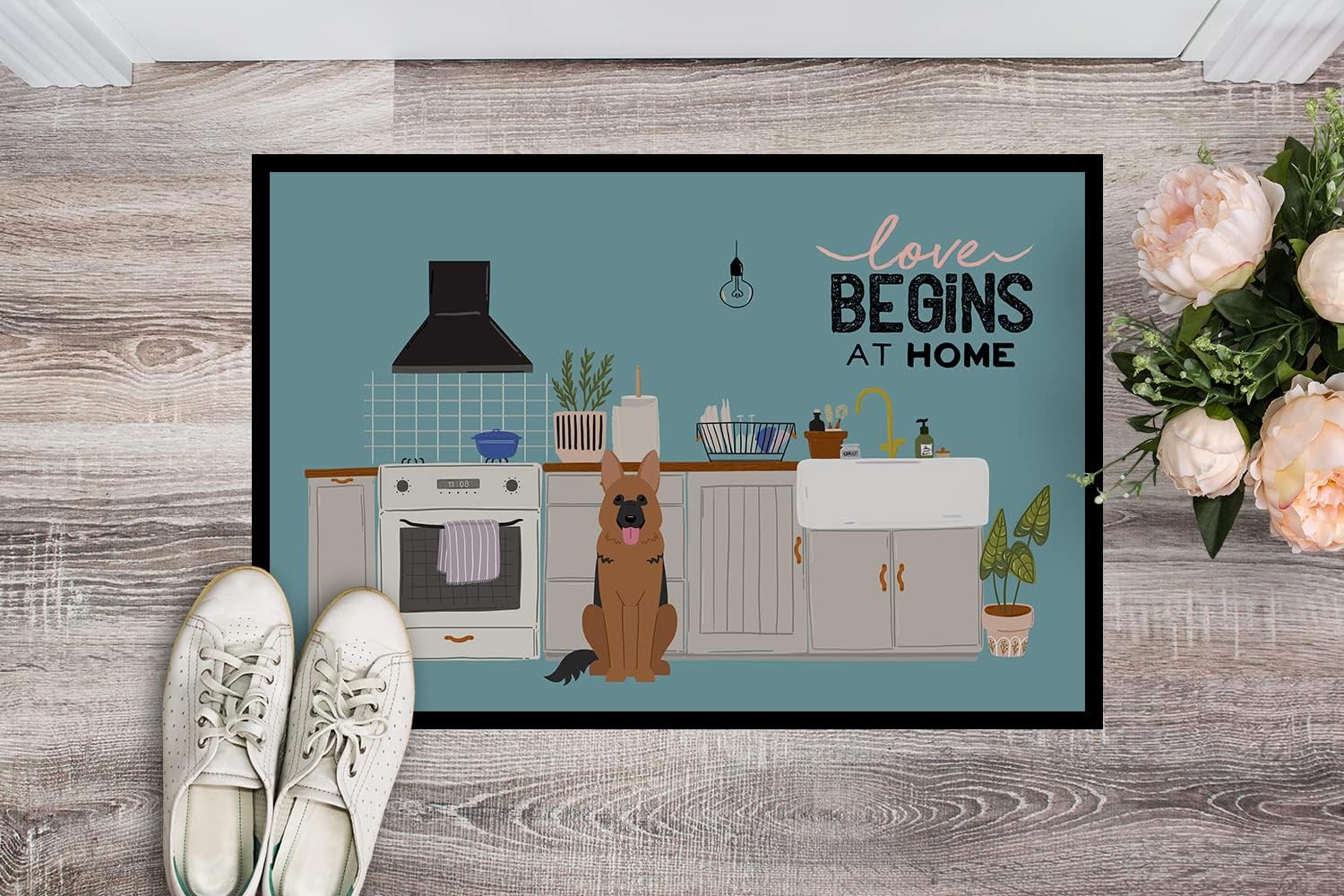 Caroline's Treasures CK7771MAT German Shepherd Kitchen Scene Doormat 18x27 Front Door Mat Indoor Outdoor Rugs for Entryway, Non Slip Washable Low Pile, 18H X 27W