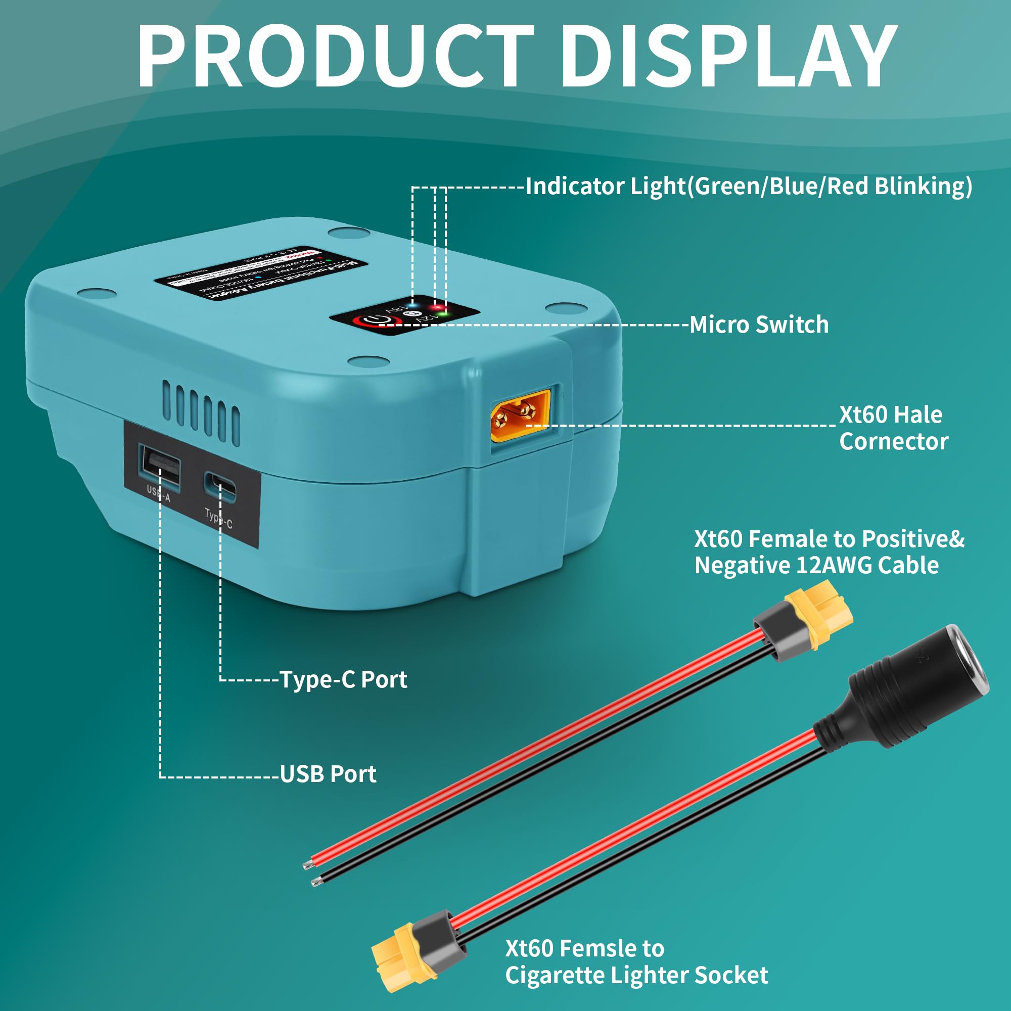 Convertisseur 18V vers 12V pour Batterie Makita 18V Avec Prise Allume Cigare,Adaptateur pour Power Wheel Batterie Adapter Avec Ports USB, Type-C et XT60,Pour Voiture Télécommandée,Projets de bricolage