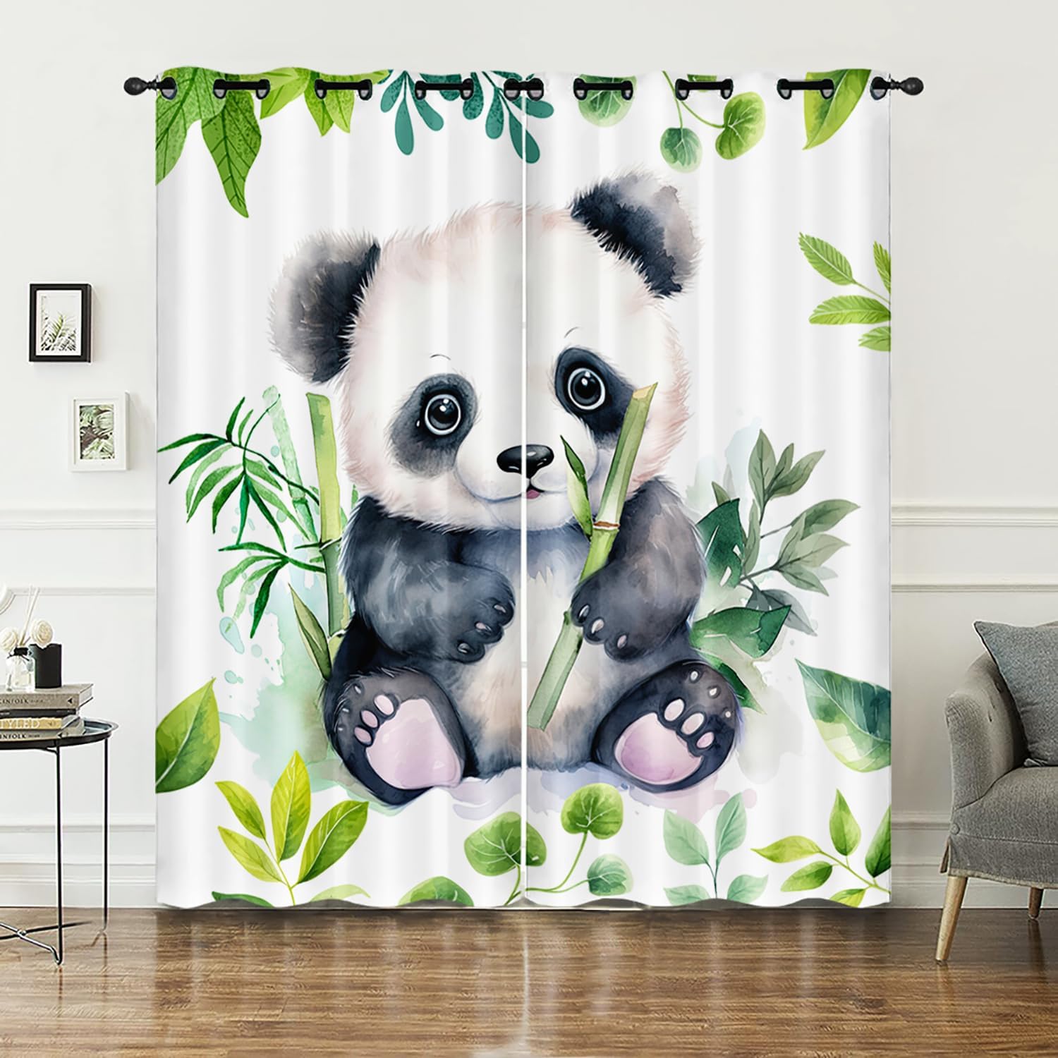 AILONEN Cute Panda Window Curtain,Watercolor Panda Window Drapes-2 Panels Set for Boys Girls,Kawaii Panda Green Bamboo Leaves Print Window Curtain for Bedroom/Living Room, 38" W x 54" H