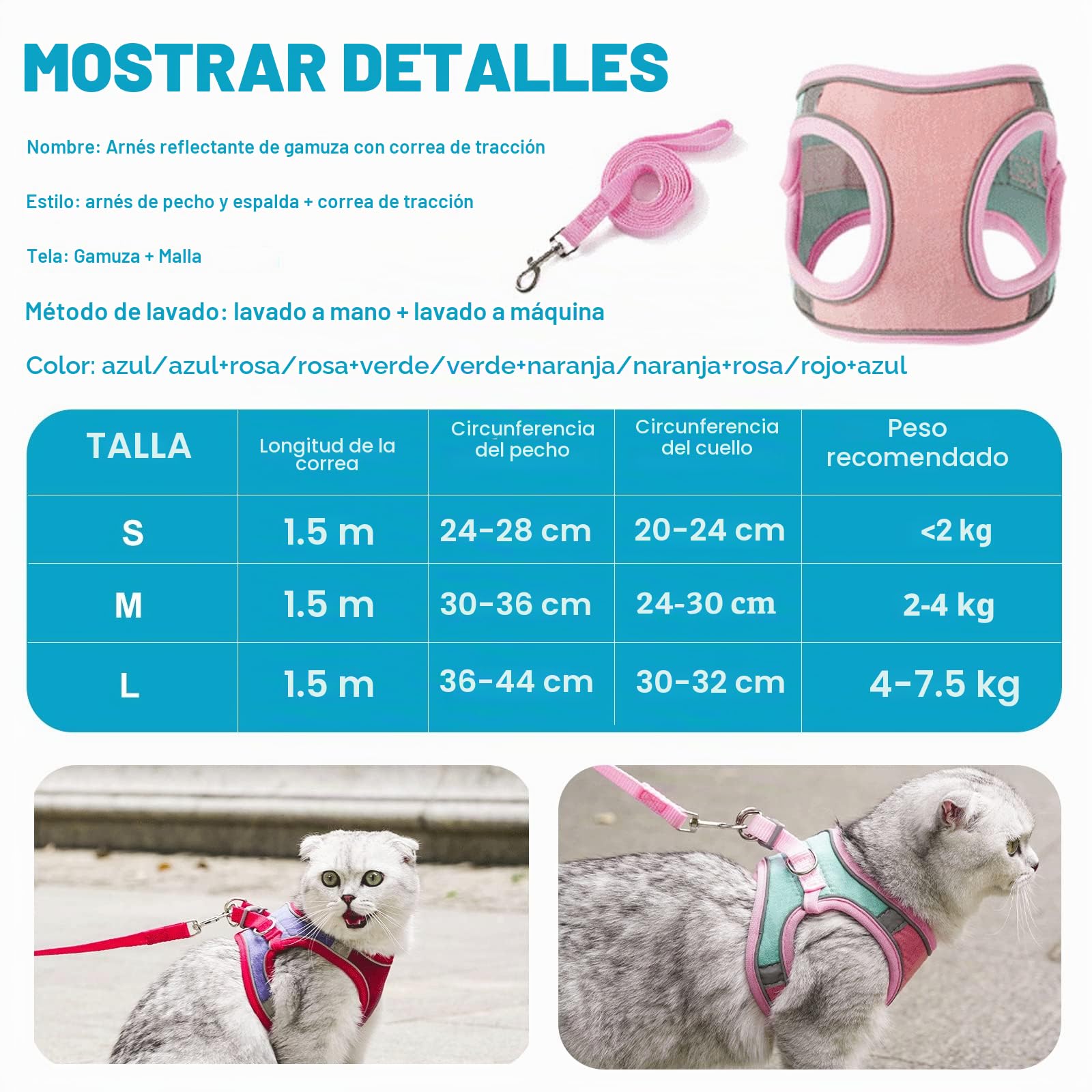 PETCUTE Arnes para Gatos Antiescape con Correa,Arnés Gato a Prueba de Escape con Tira Reflectante,Transpirable Cómodo,Chaleco de Seguridad para Gatos Cachorros