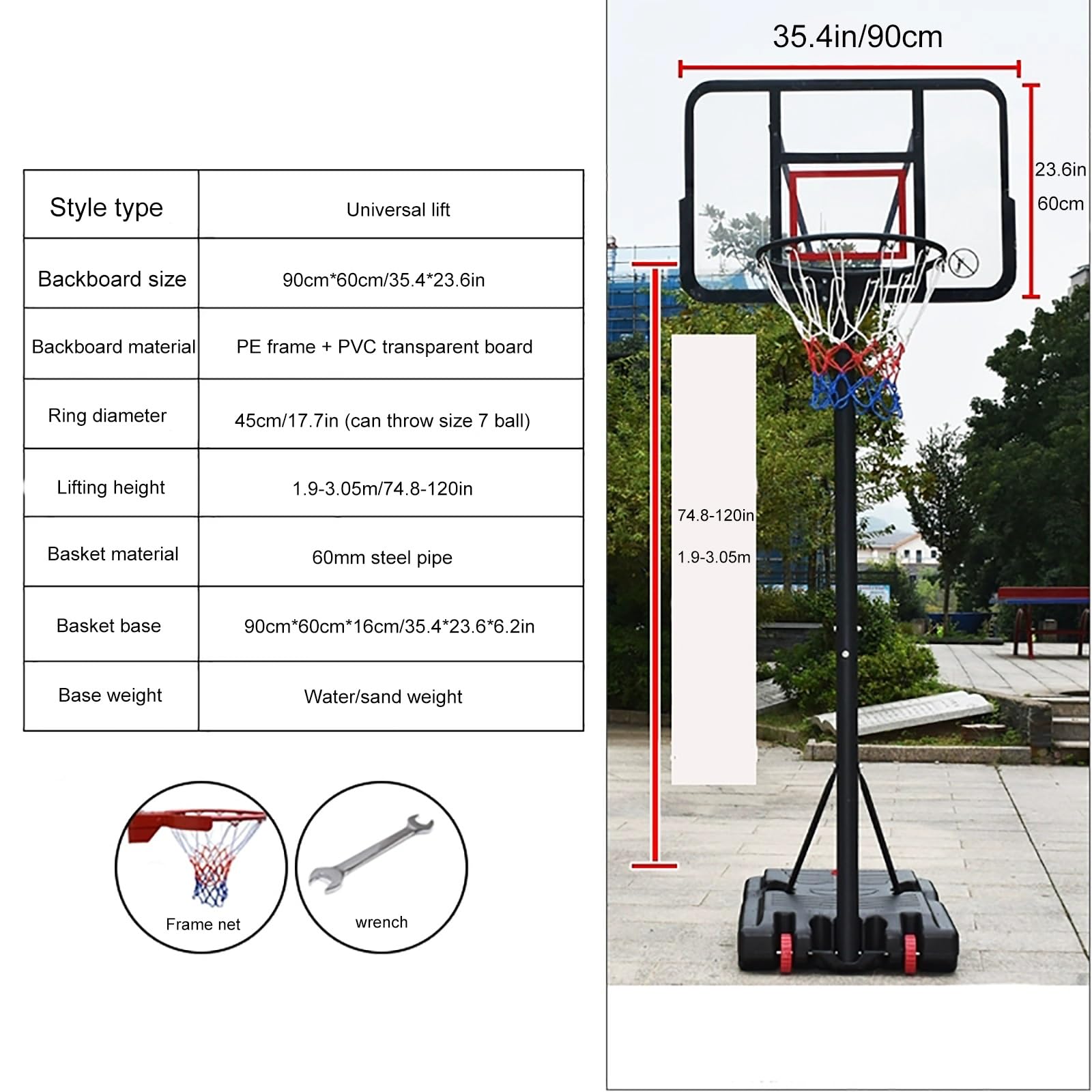 Basketball Hoop Outdoor, Adjustable 190-305cm Standing Basketball Stand, with PVC Backboard, for Adults