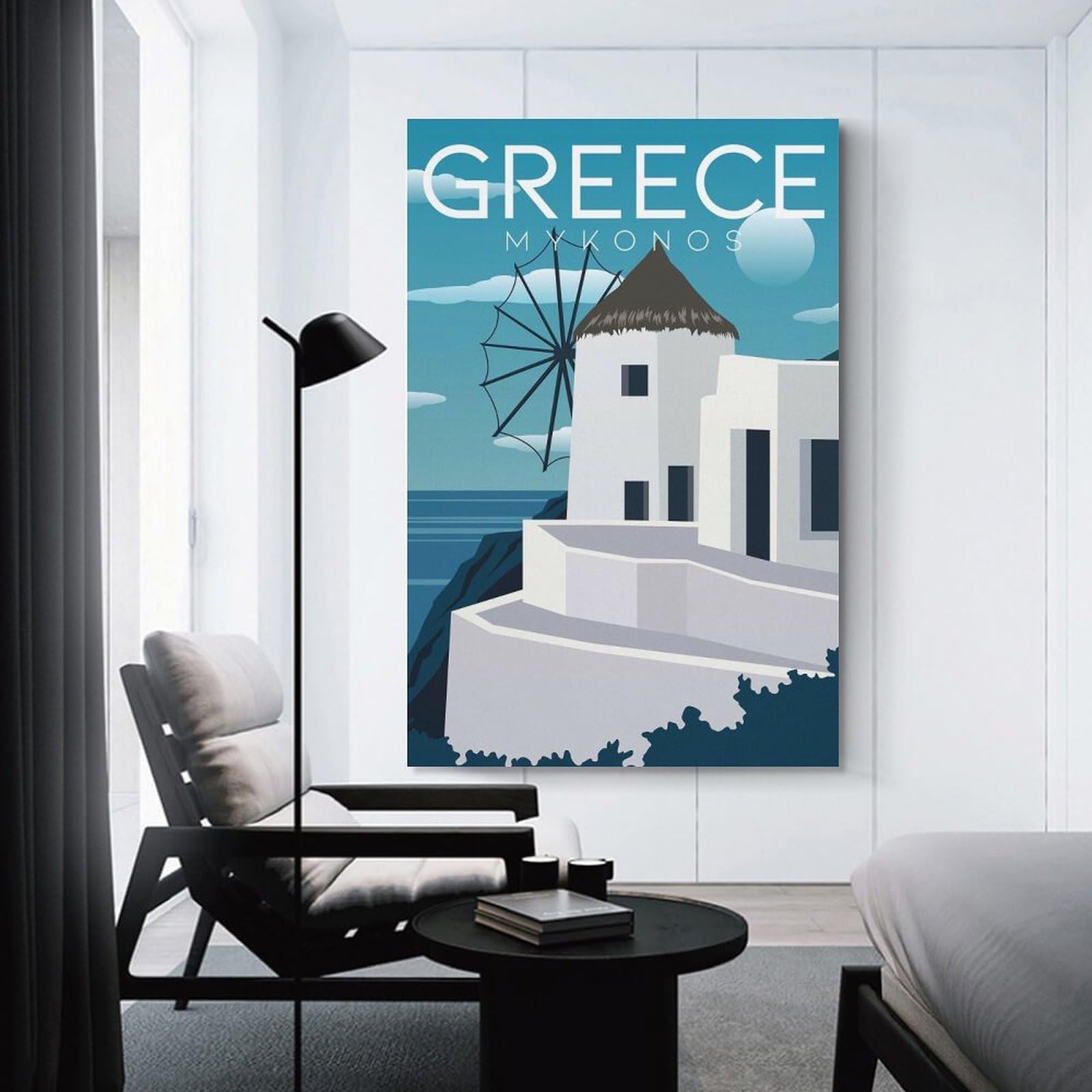 Junmoney Hanging Wall Art Mykonos Windmill Greece, 20x30inch(50x75cm), for Work Areas, Reading Rooms Or Studios, Wall Art That Adds Style to Work Areas