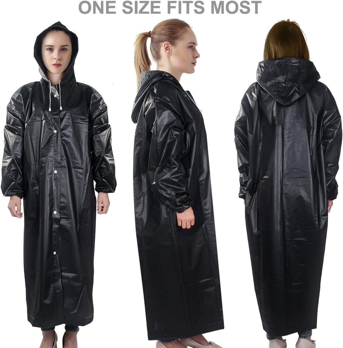 Exptolii Rain Poncho for Adults, 2 Pack EVA Reusable Raincoat Emergency Rain Gear Jacket with Hood and Elastic Sleeve (Black)