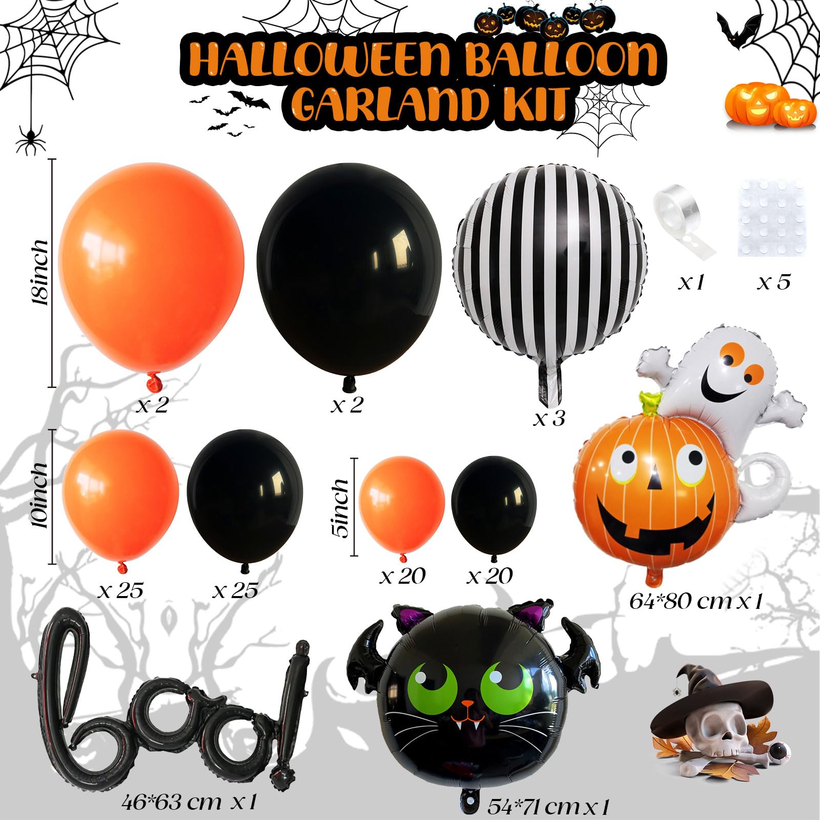 Halloween Party Deko Luftballon Girlande mit boo, Orange Schwarz Ballons Girlande mit Kürbis Geister Fledermaus für Halloween Geburtstag Süßes oder Saures Party Innen und Außen Dekoration