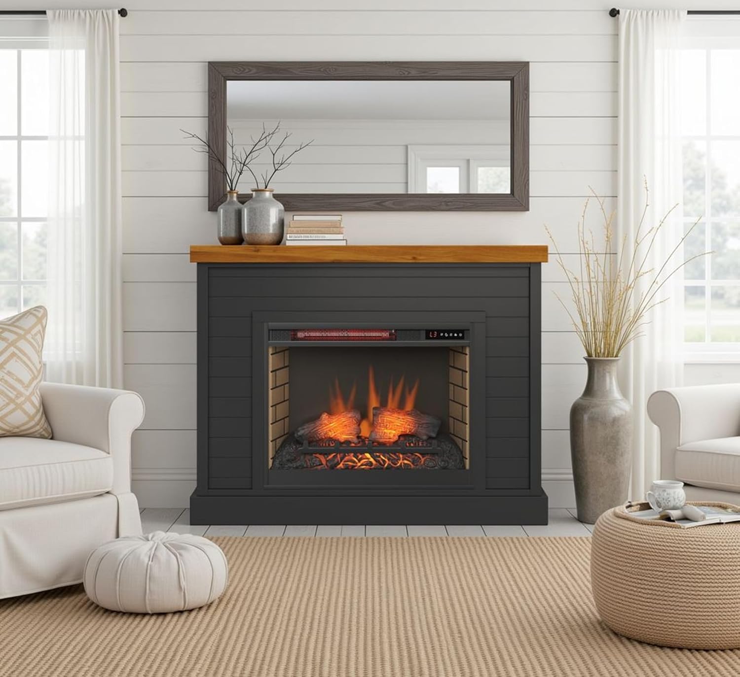 Washington 48” Fireplace Mantel with 26” Electric Fireplace Insert – Farmhouse Coastal, Two-Tone Finish, Remote Control, Heats 400 Sq Ft