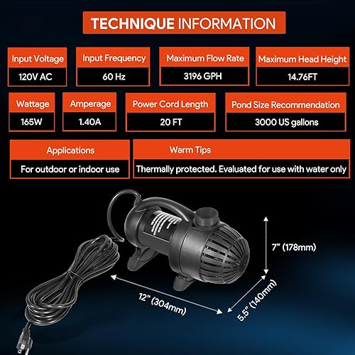 Miniatura 6 de 91018 3000 GPH Bomba de agua sumergible para estanque con cable de alimentación de 20 pies y bomba de estanque de altura de elevación de 15 pies