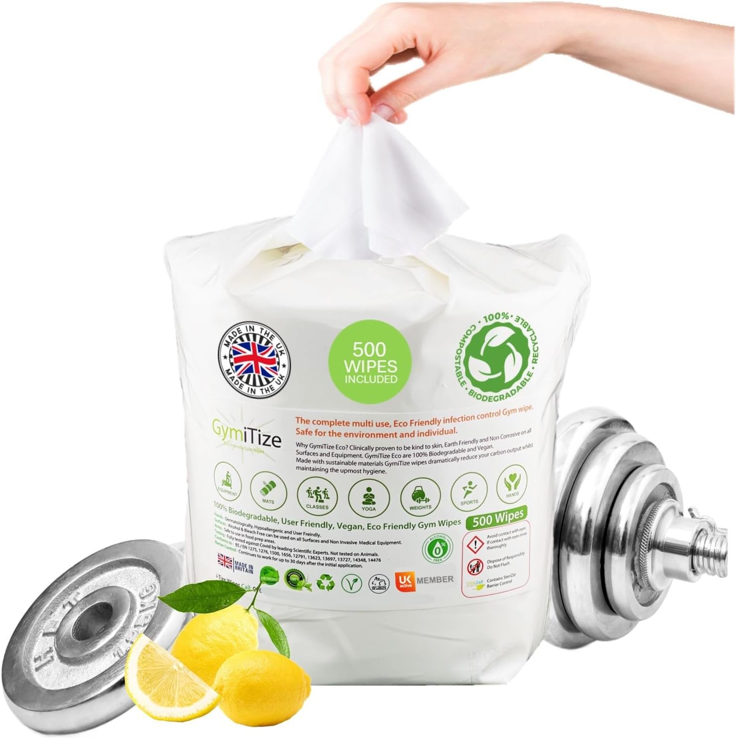 Biodegradable Gym Wipes, Surface Wipes, 100% Biodegradable, Made in the UK, 100% Plant Fibre, 0% Plastic, 500 Refills Per Pack, (1 Pack)