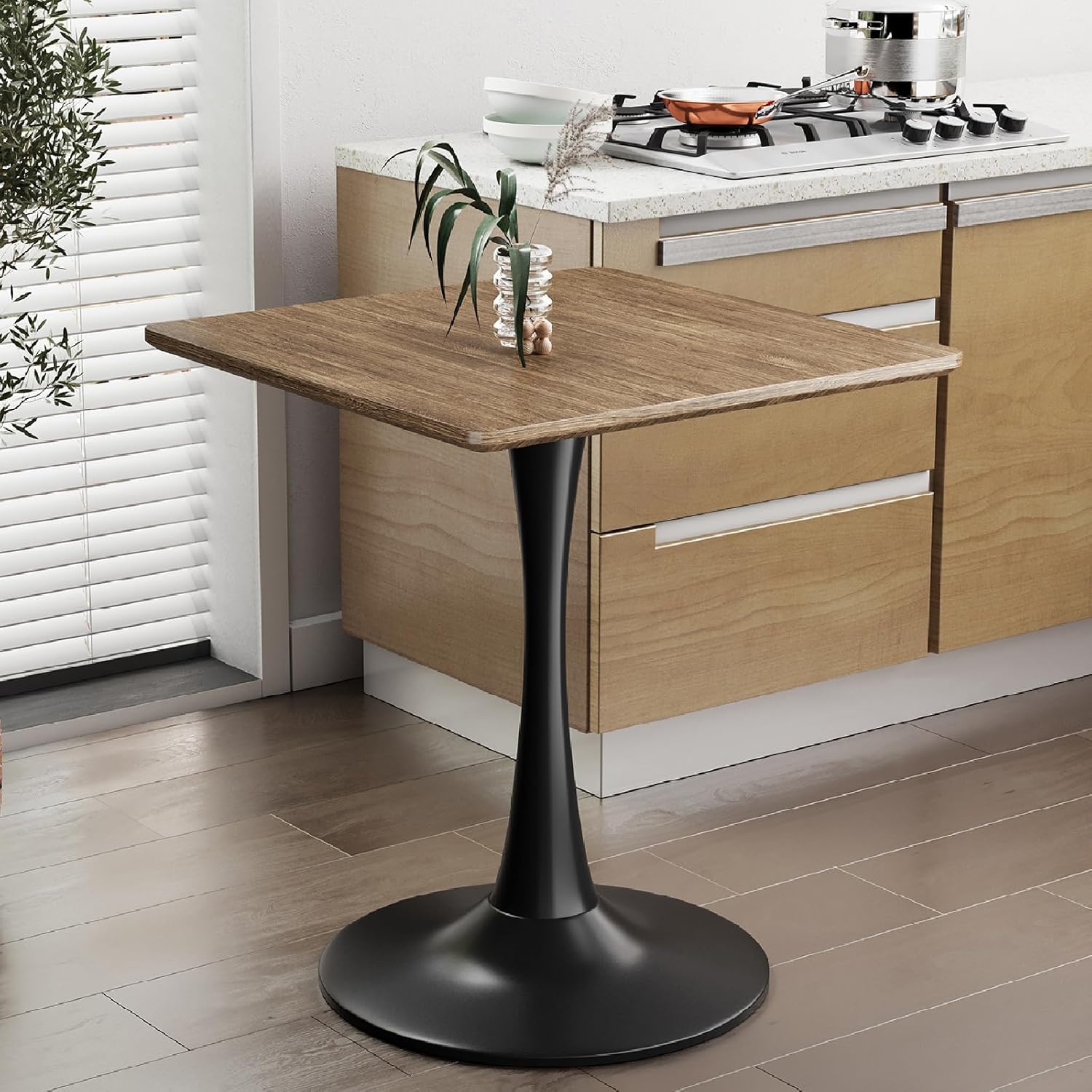 Walnut Square Tulip Table for 2, 24 Inch Small Dining Table with Metal Pedestal Base for Kitchen, Mid-Century Modern Table with Round Corners for Living Room, Cafe and Home Office Walnut 24 Inches