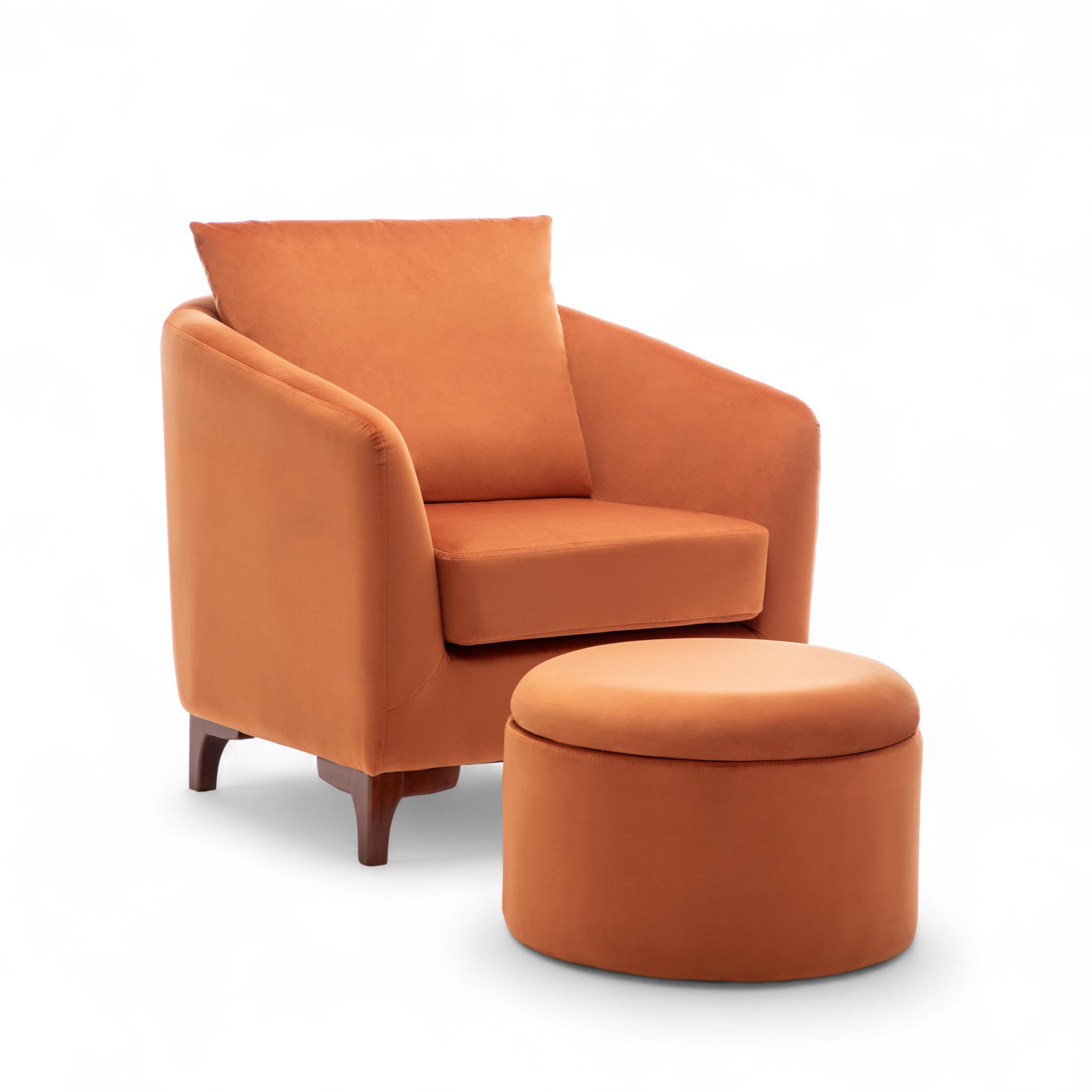 Orange Velvet Tub Chair with Footstool and Cushion - Comfortable Armchair with Wooden Legs for Reading, Relaxing and Guests, Small Bucket Chair for Living Room, Waiting Room and Corner Nook - ANGELA