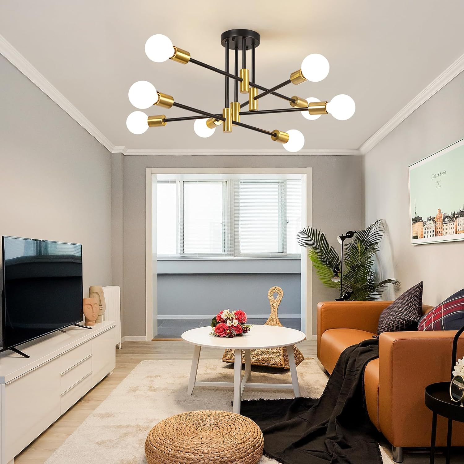 26.2" Modern Pendant Ceiling Light Fixture, 8-Light Sputnik Chandelier, Height Adjustable Mid-Century Style Dining Table Pendant Light, Suitable for Dining Rooms, Living Rooms, Kitchens, Island