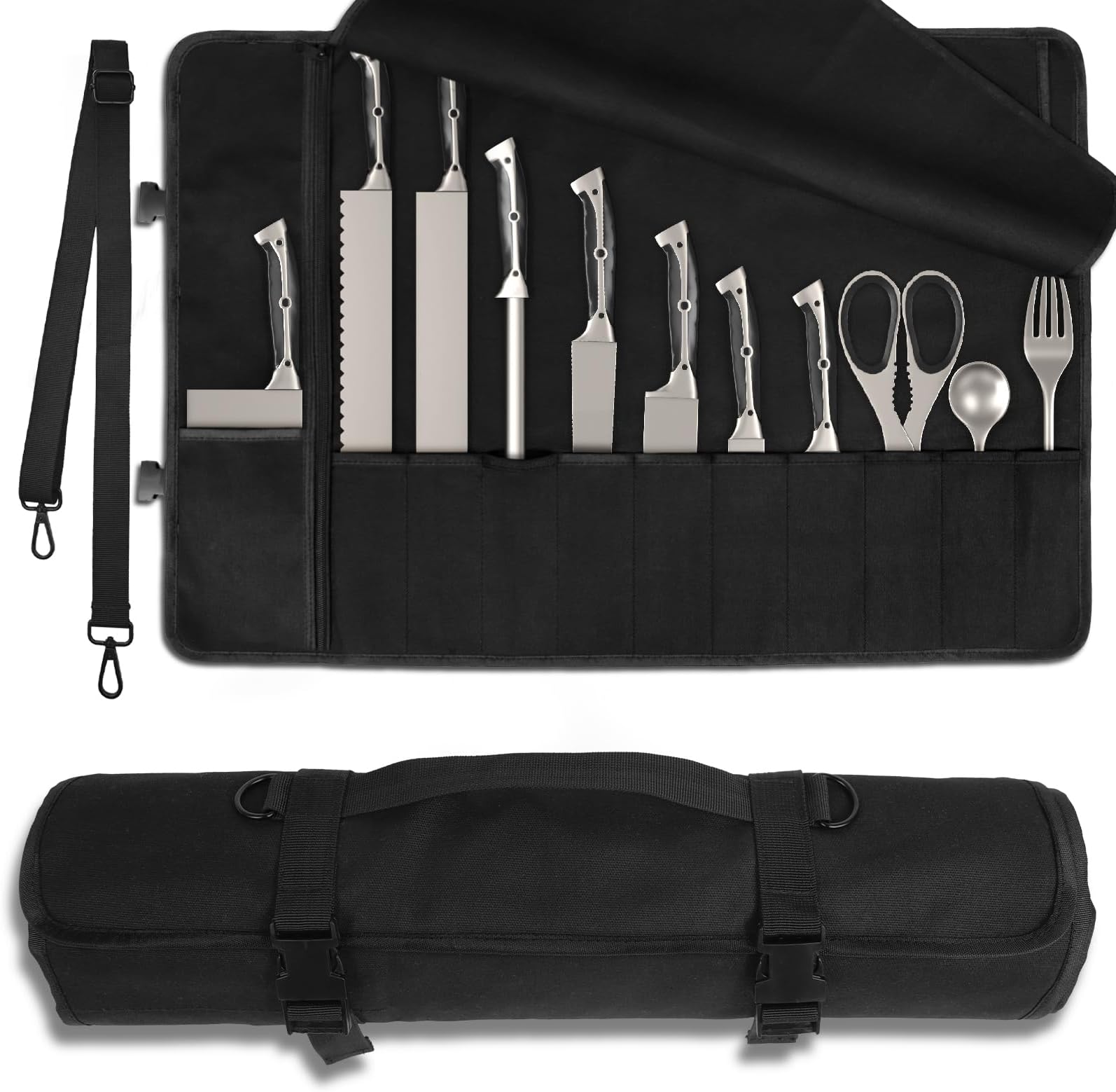 Upgraded Chef Knife Roll Bag, Waterproof Waxed Canvas Knife Case Holds Size Up to 18'', Portable Knife Holder with 11 Slots for Knives & Kitchen Tools with Adjustable Strap, Gift for Beginner or Pro