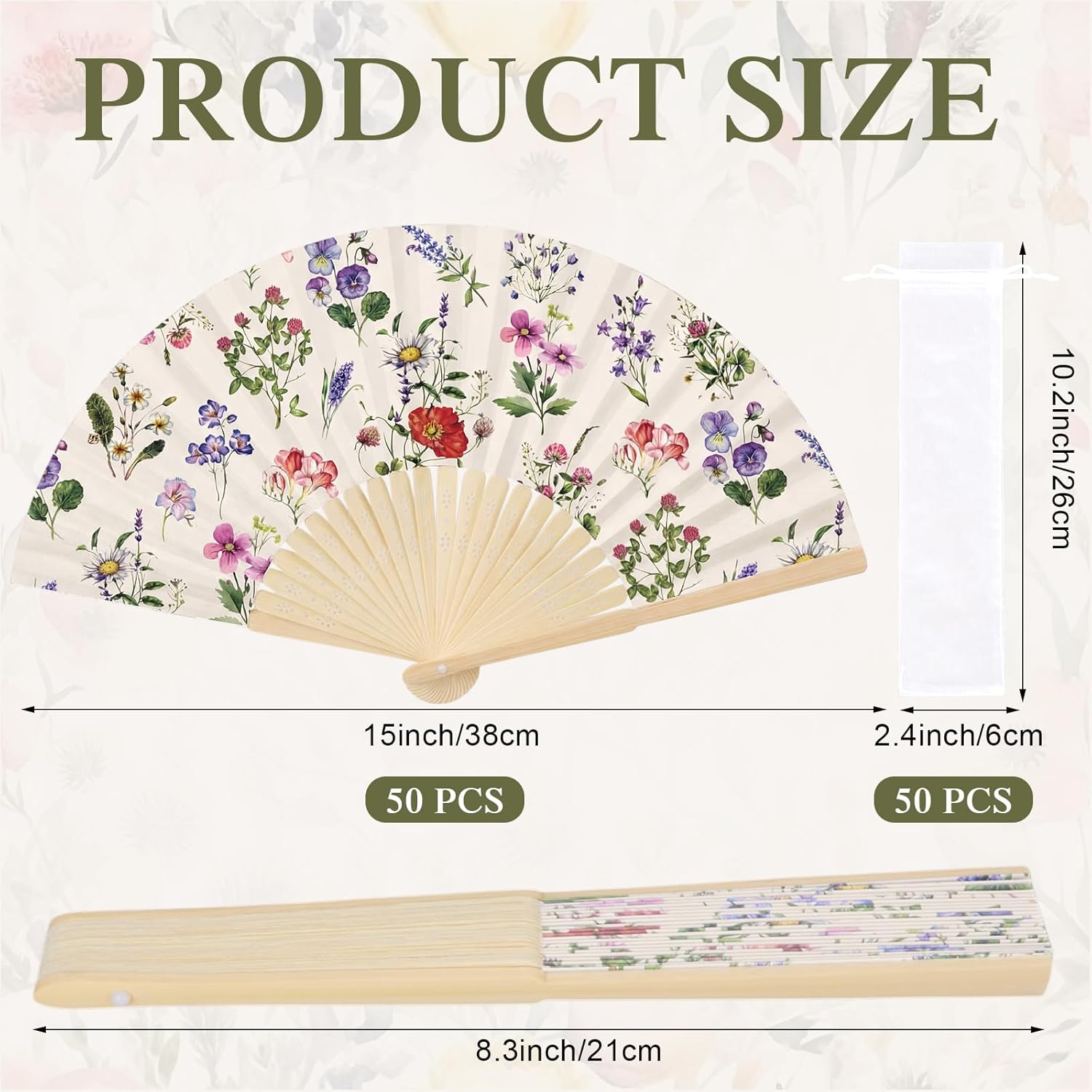 50 Pcs Wildflower Folding Hand Fan Bulk with Organza Bags Wedding Favor Bulk for Guests Vintage Floral Decorative Folding Fan Foldable Handheld Paper Fans for Bridal Shower Wedding Party