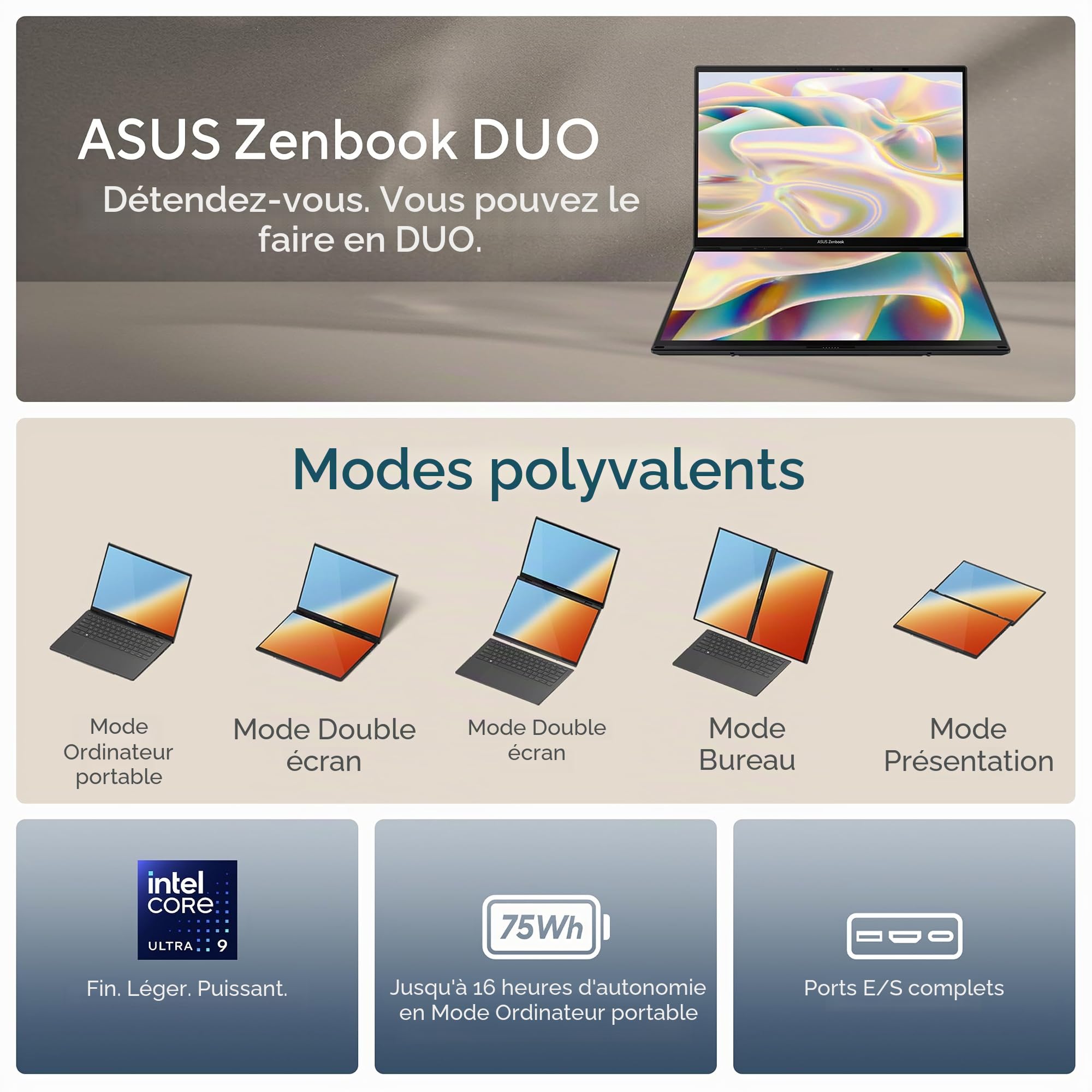 ASUS Ordinateur portable Zenbook Duo, double écran tactile OLED 3K 120 Hz, certifié Intel Evo, Core Ultra 9 285H, Intel Arc, 32 Go de RAM, 1 To SSD, Windows 11, gris encrier