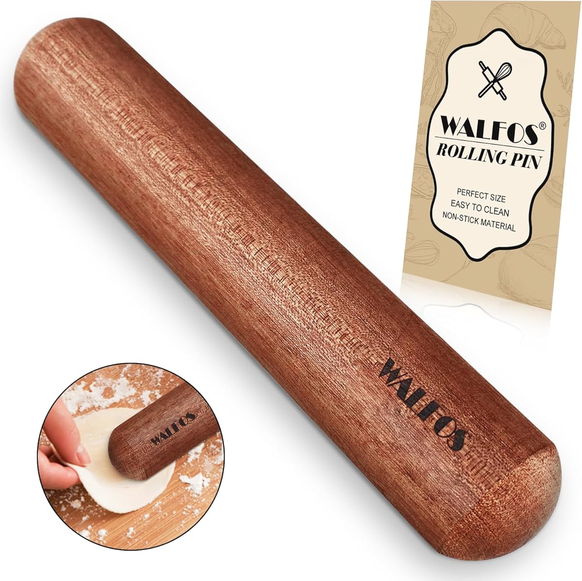 Walfos Mini Rolling Pin - Small Natural Wooden Rolling Pins, Baking Dough Roller for Pizza, Pie, Pasta, Bread, Pastry, No Coating (8inch)