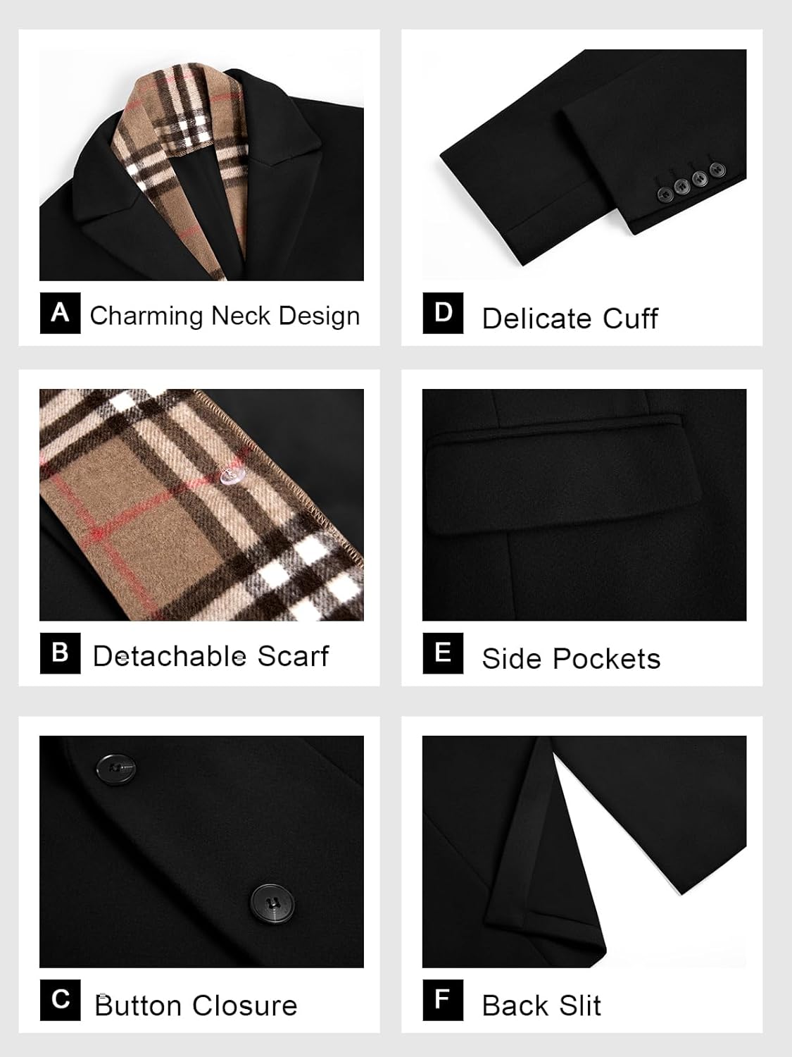 Runcati Men's Pea Coat with Detachable Plaid Scarfs Fall Single Breasted Wool Blend Trench Coat Winter Overcoat - Image 5