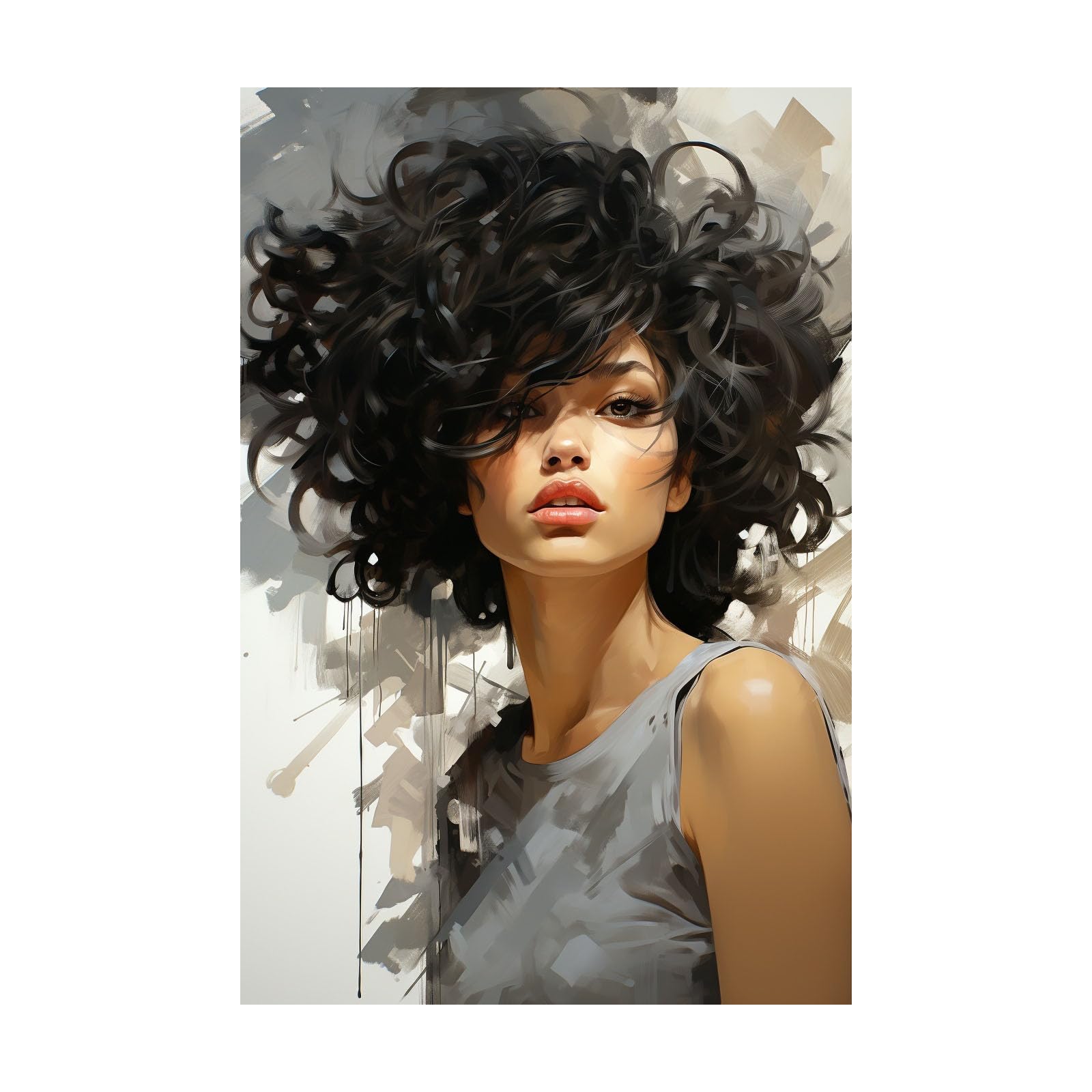 TERUEA Canvas Wall Art Abstract Curly Hair Woman Portrait Picture Prints for Girls Room Bedroom Wall Decor(Grey)-70x100cm Unframed