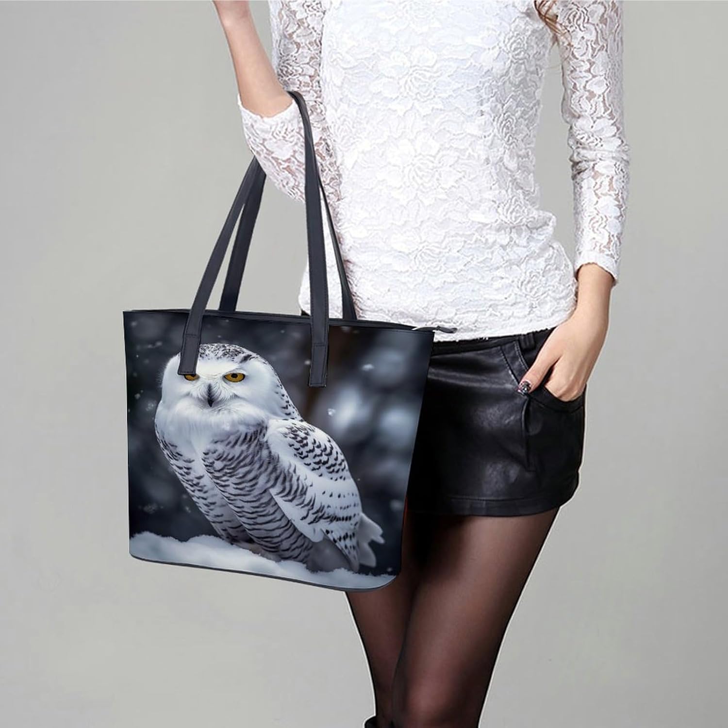 Arctic Owl Tote Bag Large Soft Leather Purse with Zipper Lightweight Ladies Shoulder Handbag