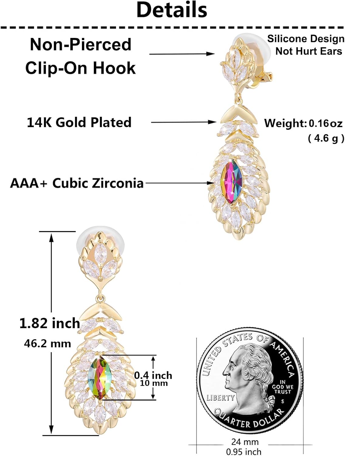 Clip On Crystal Dangle Non Pierced Earrings for Women 14K Gold Plated Jewelry - Image 3