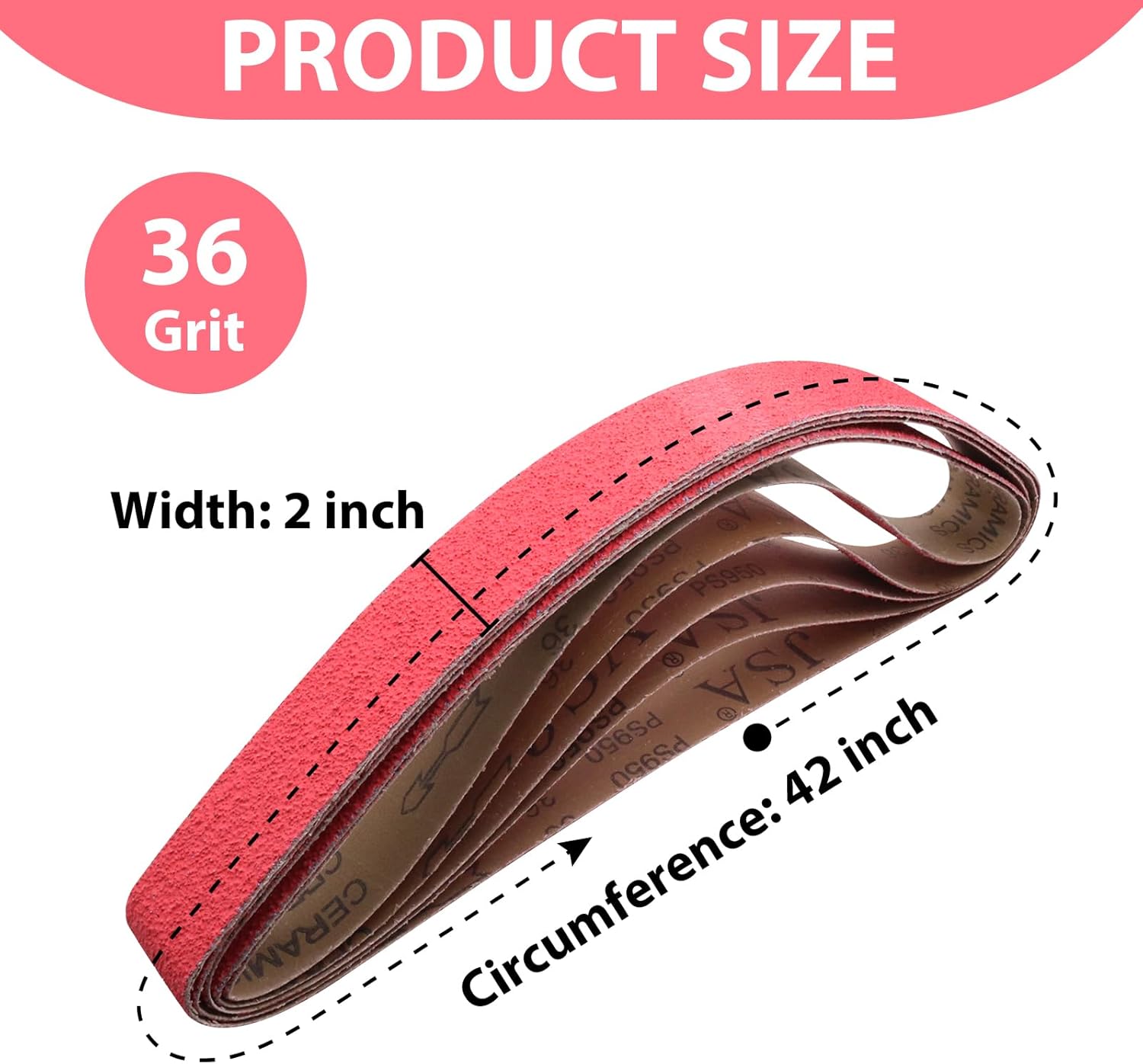 2 x 42 Inch Ceramic Grinding Belts, 36 Grit 2x42 Metal Sanding Belt, Sharpening Sander Belts for Knife Metal, 5 Pack