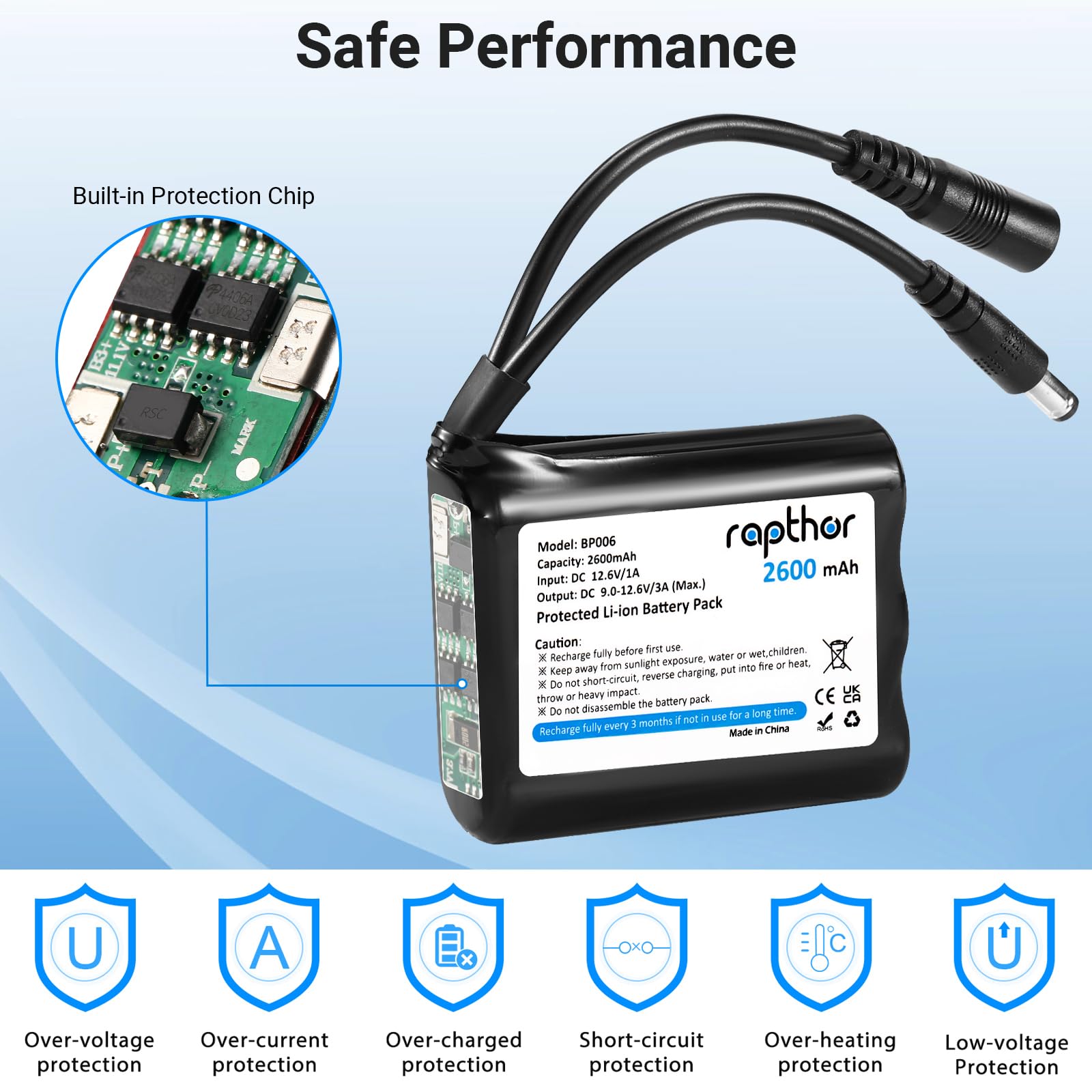 Rapthor Batterie Lithium-ION Rechargeable 12 V 2600 mAh avec Chargeur, Compatible avec Les appareils 12 V, Les projets de Bricolage, Les radios, Les Lampes de pêche, Les Bandes