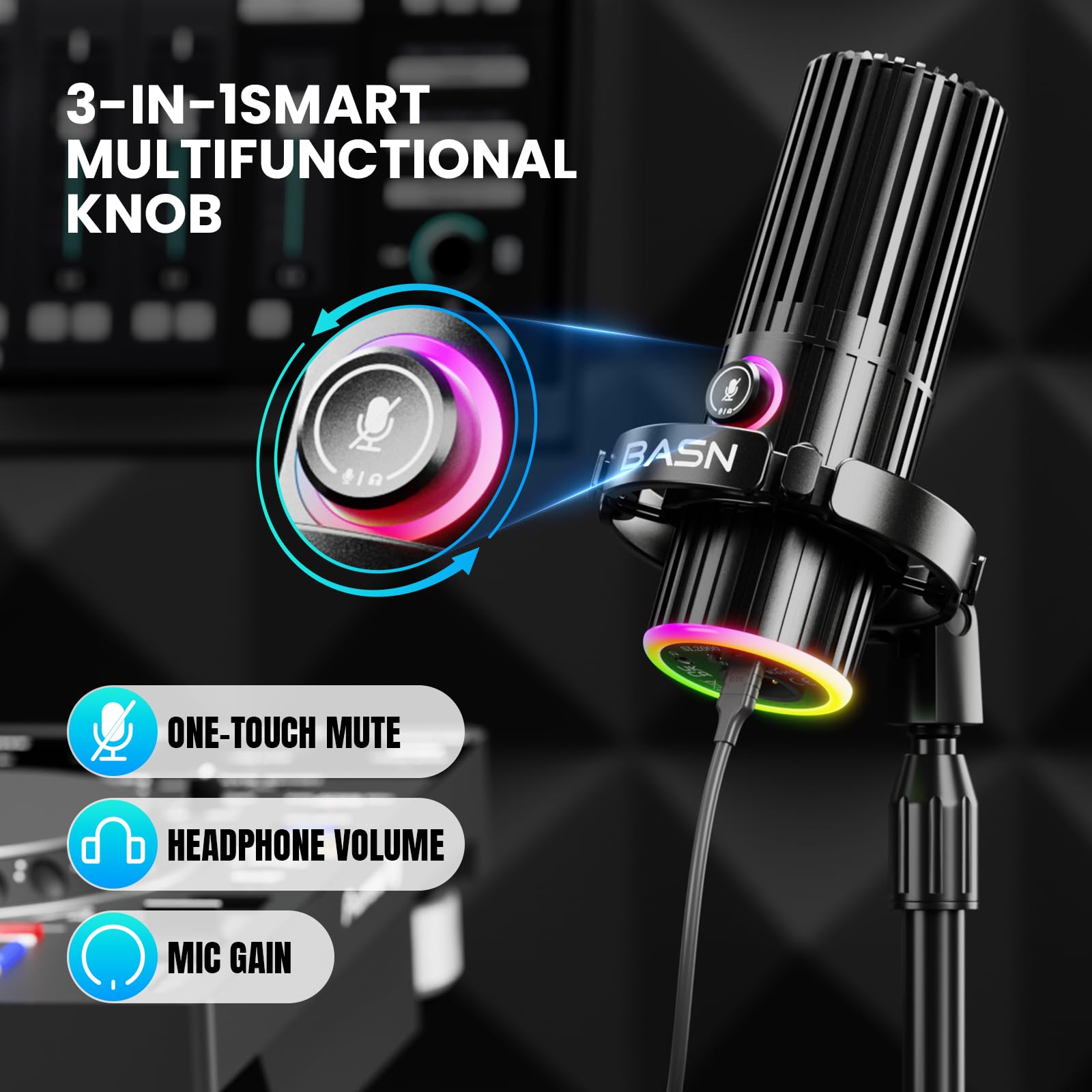 BASN Micrófono dinámico USB/XLR para podcast, transmisión en vivo, grabación de juegos con botón de silencio RGB, monitoreo de auriculares y soporte para micrófono (SL2000), color negro
