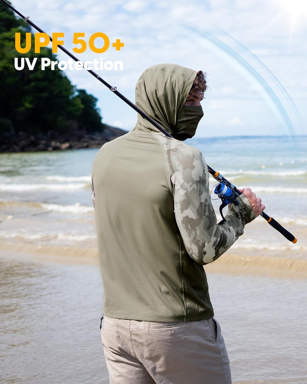 maamgic Men’s UPF 50+ Fishing Shirt Sun Hoodie with Detachable Face Mask, Long Sleeve UV Rash Guard - Image 2