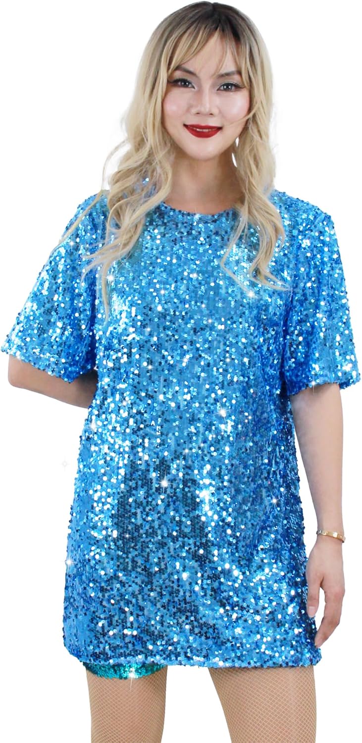 Sequin T-Shirt Dress Sparkly Casual Short Sleeve Party Club Outfit Costume