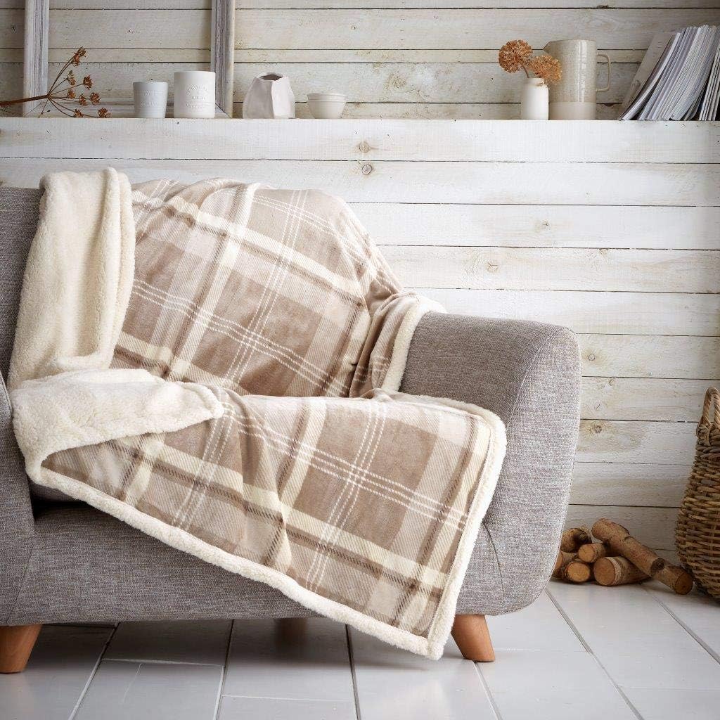 LIZZIE JACOBS Check Pattern Teddy Sherpa Fleece Throws Super Soft Warm Cosy Sofa Settee Bed