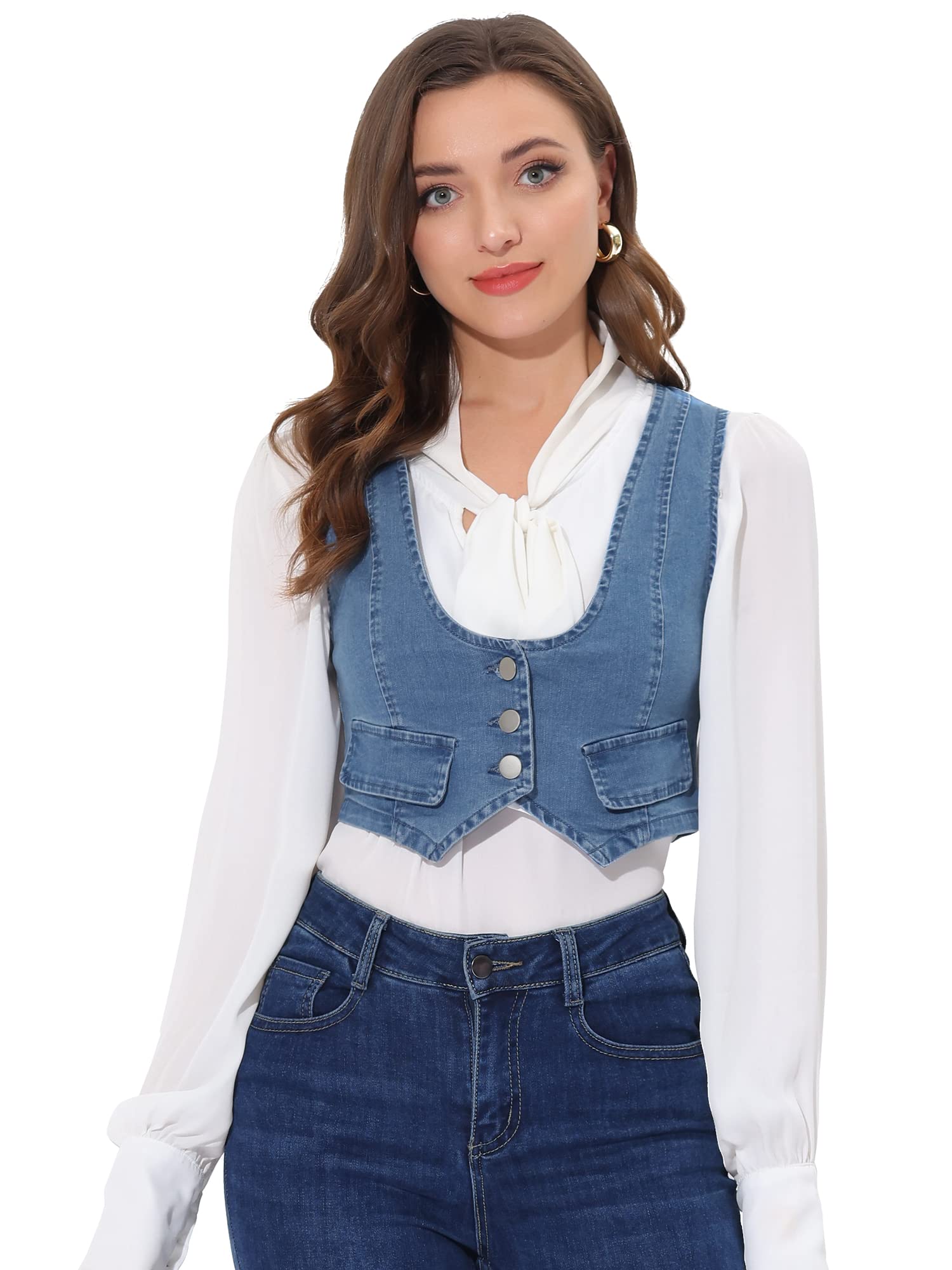 Allegra K Denim Vest for Womens Button Up Sleeveless Crop Jean Vest Waistcoat