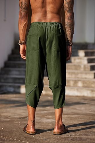 Miniatura 7 de COOFANDY Pantalones capri harén de lino para hombre, ligeros, sueltos, 34, con cordón elástico, cintura elástica, estilo casual, playa, bohemio