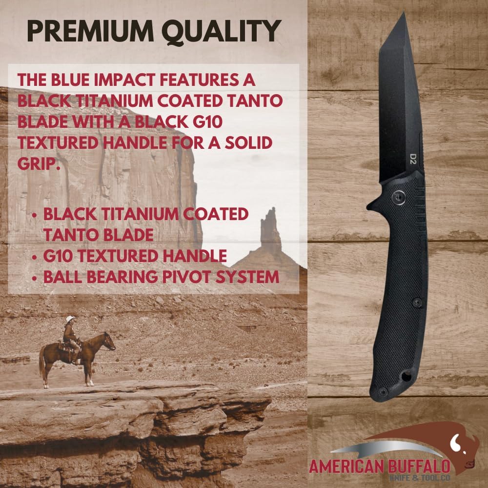 ABKT Tac Blue Shield Tanto Fixed-Blade Knife with Pocket Clip and Textured Handle