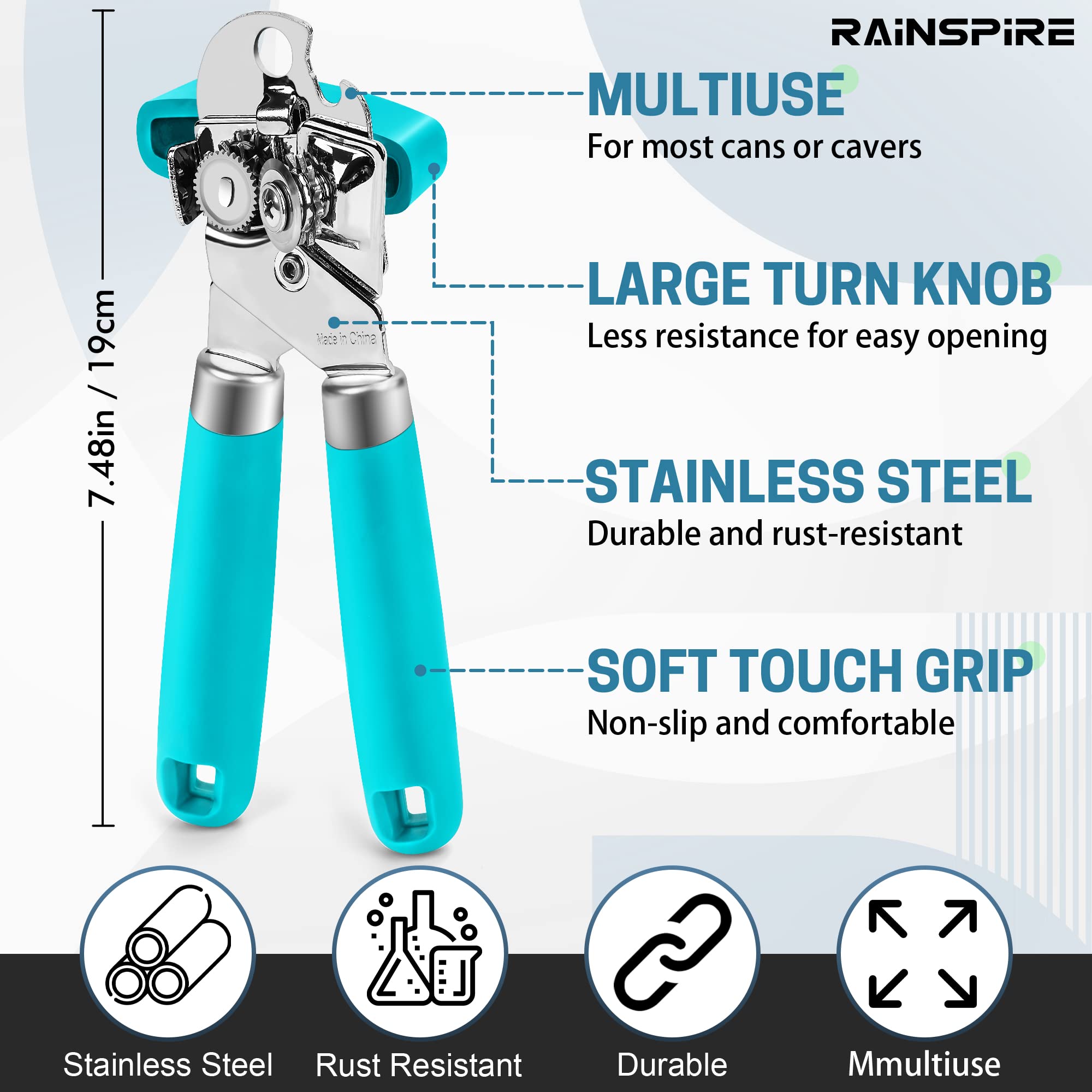Rainspire Abrelatas manual de mano fuerte abrelatas manual de corte de borde suave, abrelatas resistente, mango suave cómodo, abridor de botellas integrado, negro (azul)