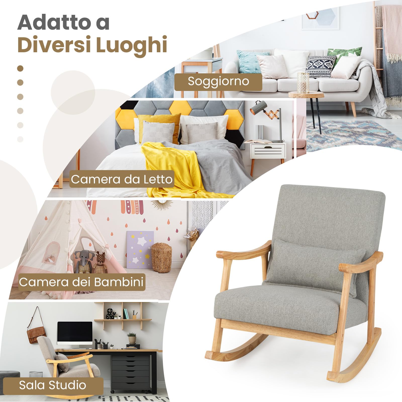 COSTWAY Sedia a Dondolo con Cuscino, Poltrona Dondolo Interno Ergonomica con Schienale Alto, Seduta Imbottito, in Legno di Gomma, per Soggiorno e Camera da Letto (Grigio)