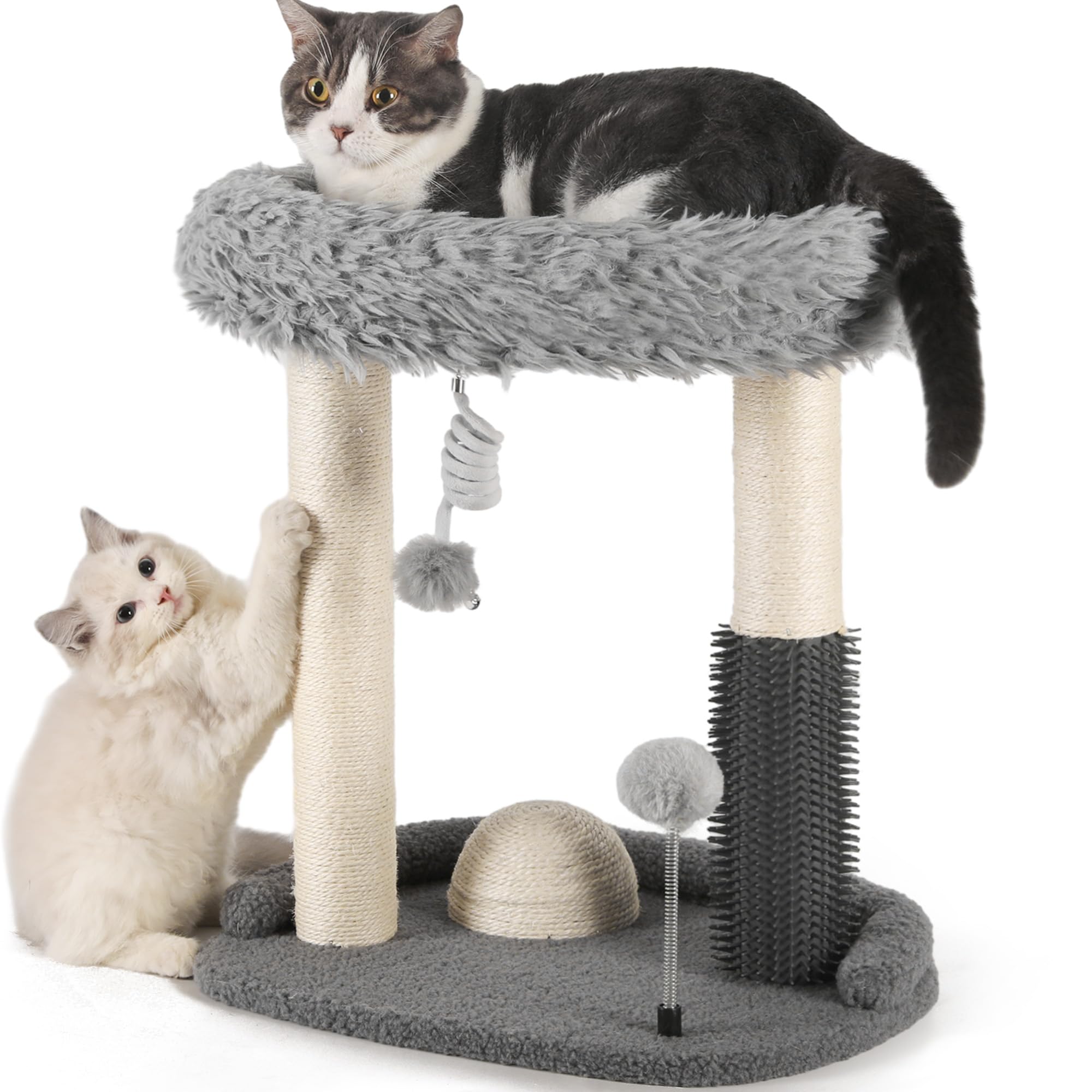 LovIntry Cat Scratching Post, Small Cat Tree, 5-in-1 Cat Scratch Tower with Large Perch, Cat Self Groomer, and 2 Spring Toy Balls for Indoor, Dark Grey
